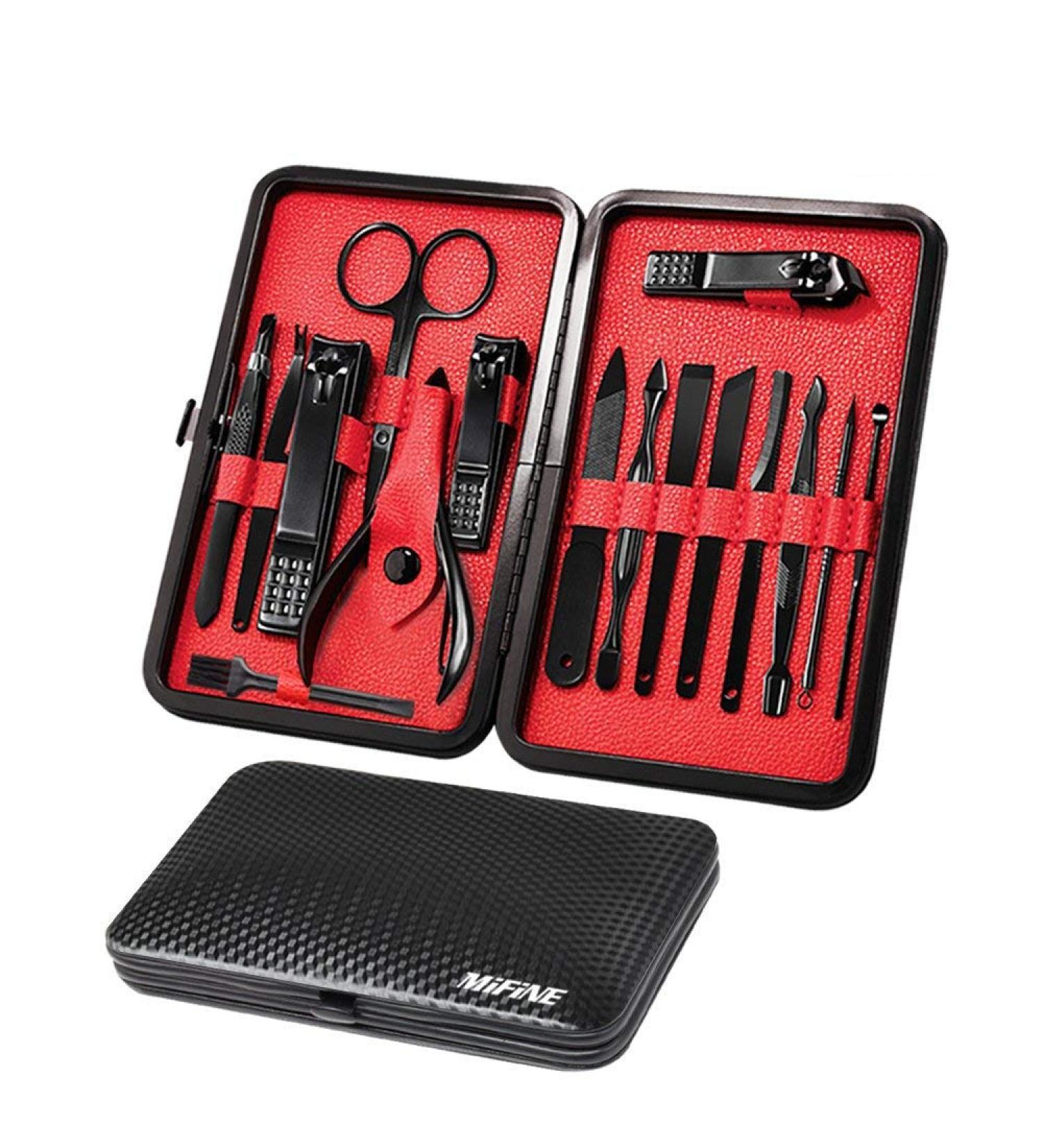 Mifine 16 in 1 Stainless Steel Manicure Pedicure Set with Leather Case - Professional Nail Clippers and Grooming Kit in Red - Buy Online on GoSupps.com