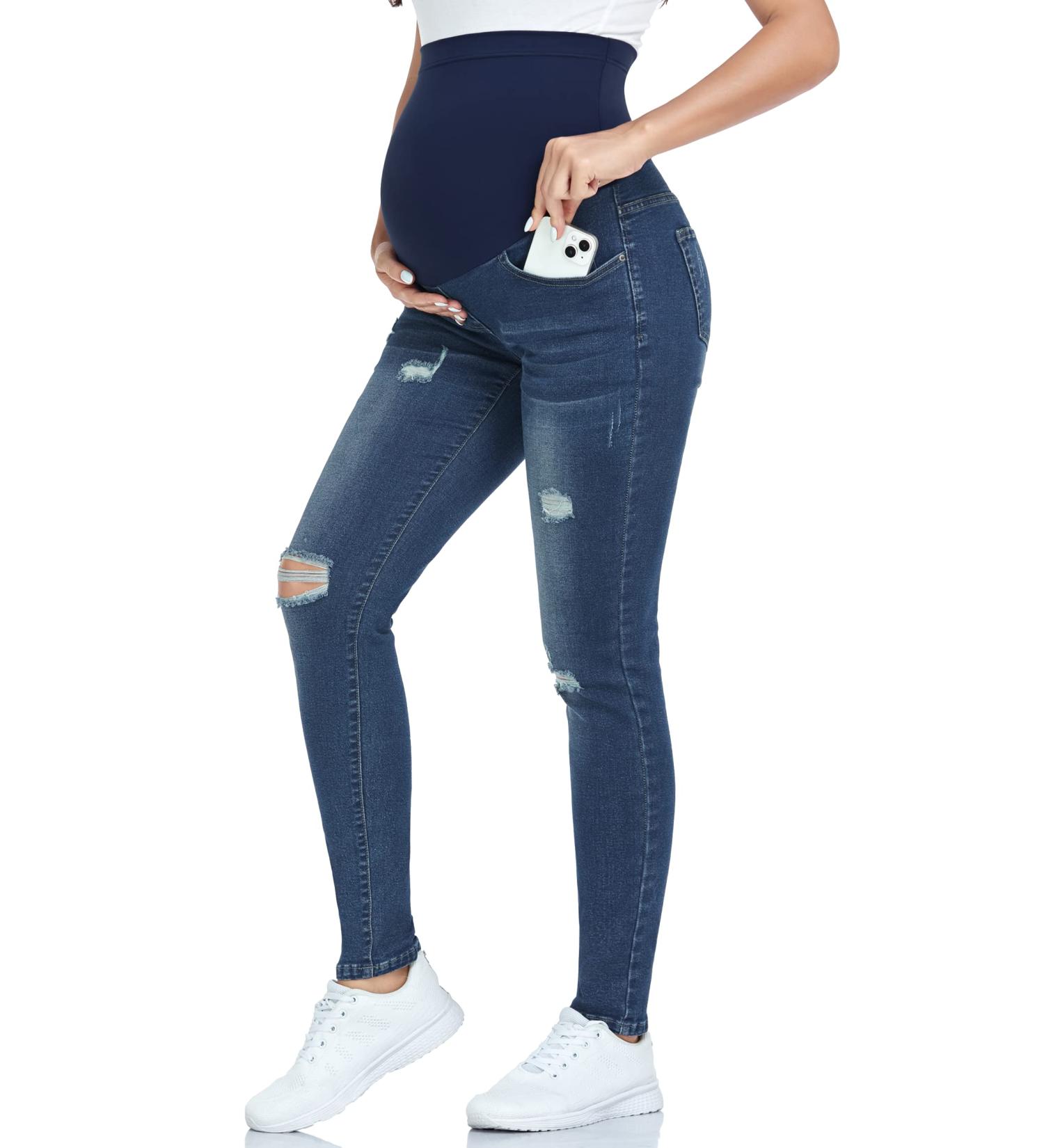 PACBREEZE Women's Maternity Jeans | High Waist Denim Skinny Pants | Over The Belly | Stretchy and Slim Fit | Ripped Indigo Blue | With Pockets - Buy Online on GoSupps.com