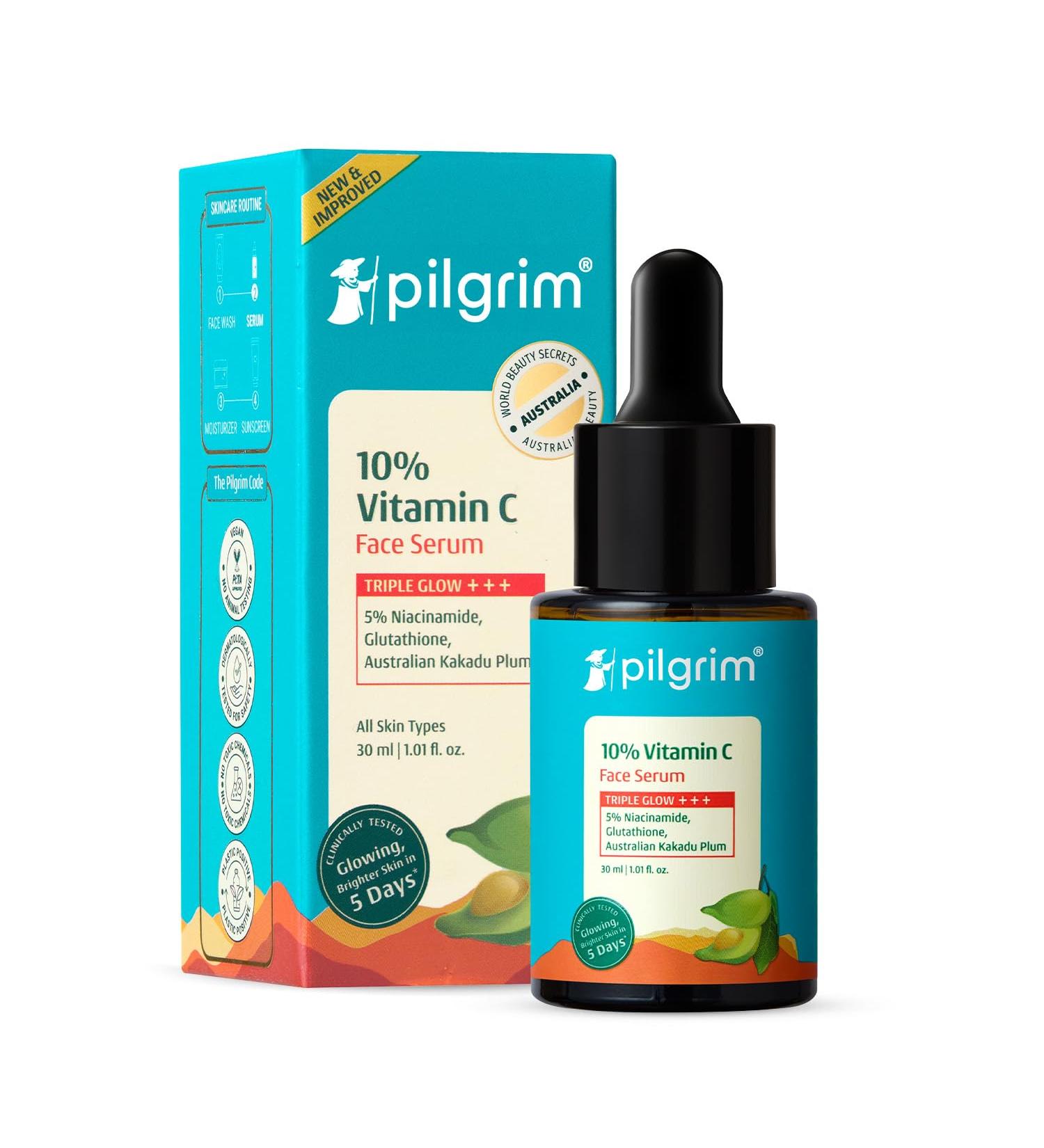 10% Vitamin C Face Serum by Pilgrim | Anti Aging Facial Serum with 5% Niacinamide & Kakadu Plum | Reduces Fine Lines Smooths Skin Texture & Improves Radiance | 1.01 Fl Oz (30ml) - Buy Online on GoSupps.com