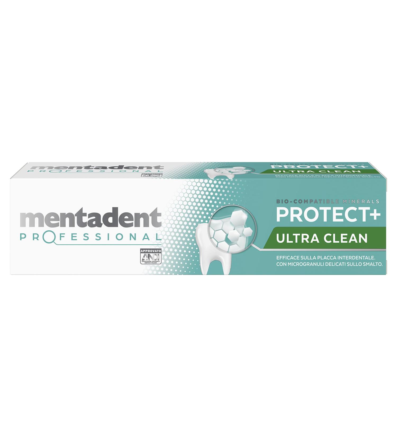Mentadent Mentadent Professional Protect+ Ultra Clean Toothpaste remineralizes and removes interdental plaque with biocompatible minerals and gentle microgranules for enamel 75 ml
