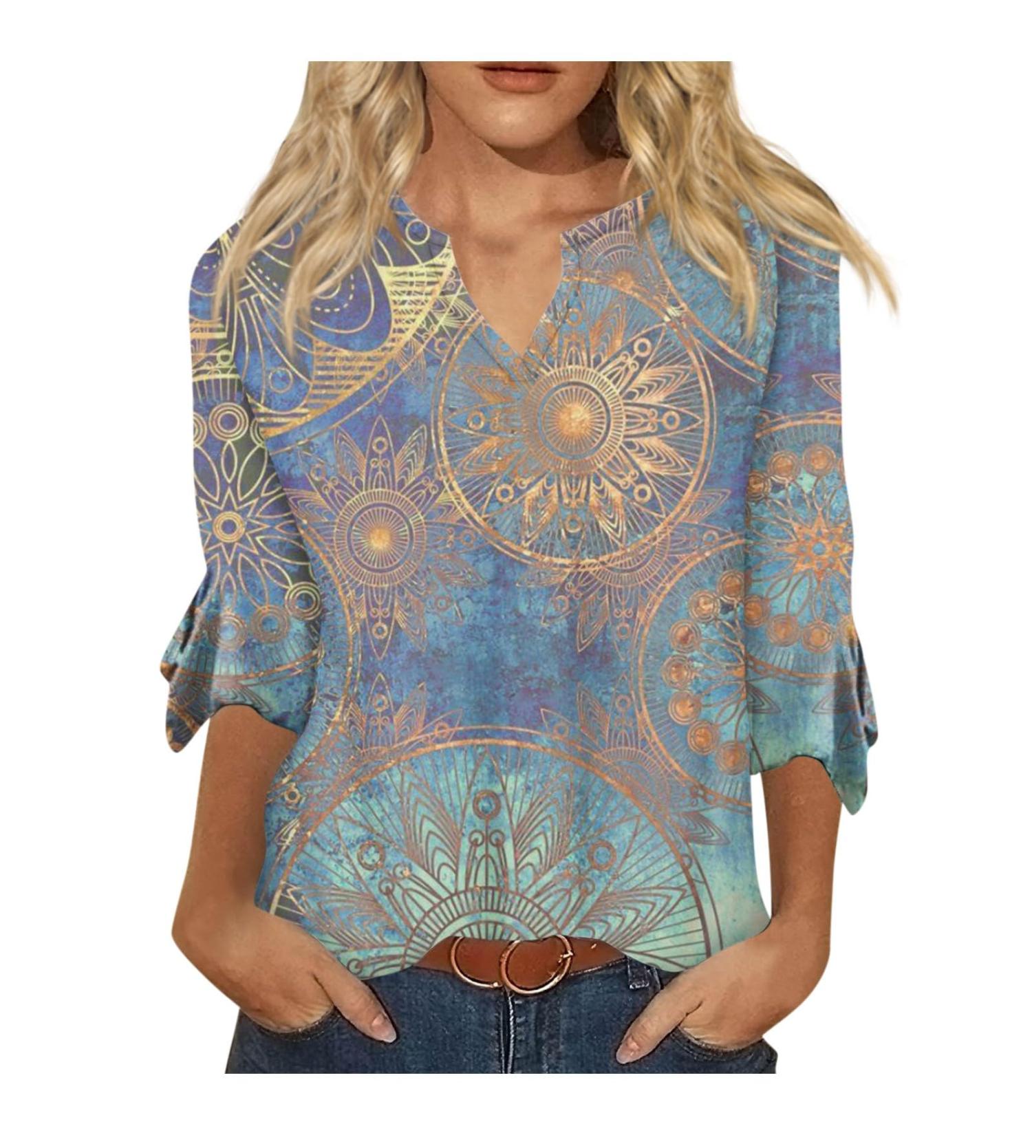 Light Blue Floral 3/4 Sleeve Women's Blouse | Summer Tunic with Trumpet Sleeves | Comfortable & Stylish Shirt - Buy Online on GoSupps.com