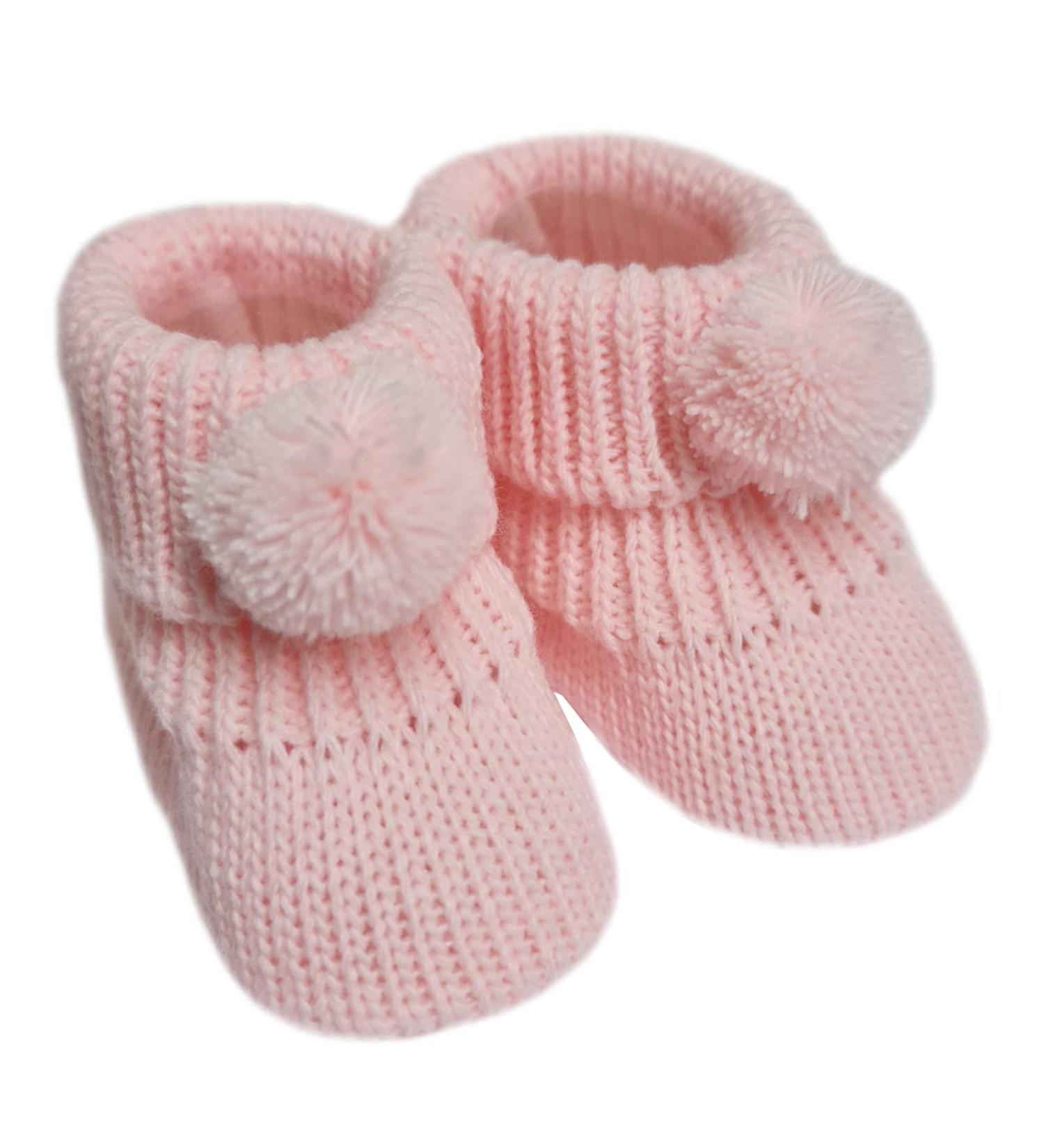 Nursery Time Royal Icon Newborn Baby Boys Girls Booties Knitted Pom Pom Booties Soft Baby Bootees NB-3 Months 116-377 3 Months Pink