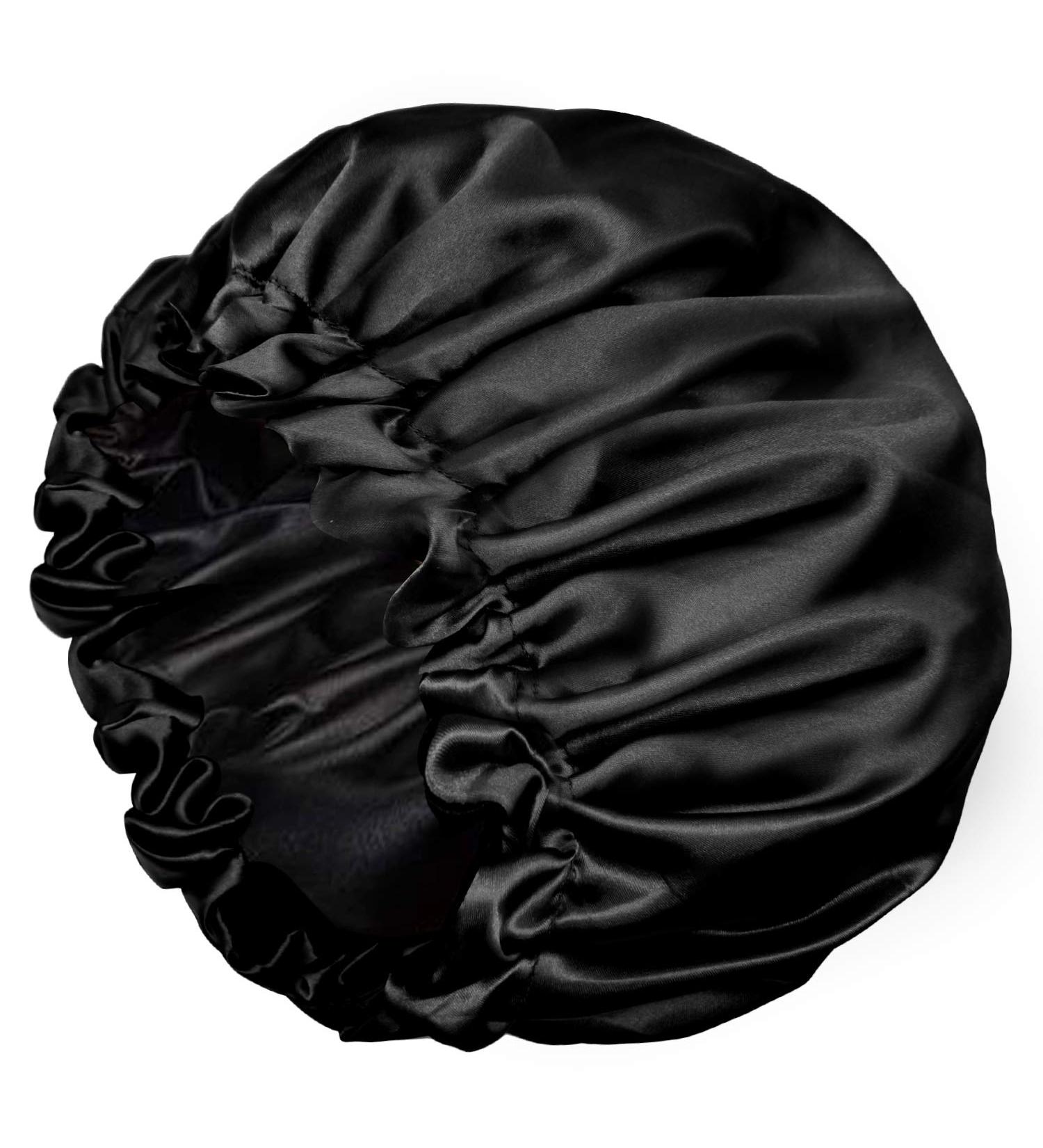 Adjustable Double Layer Satin Bonnet for Women - Large Silk Sleep Cap for Curly Natural Hair (Black) - Buy Online on GoSupps.com