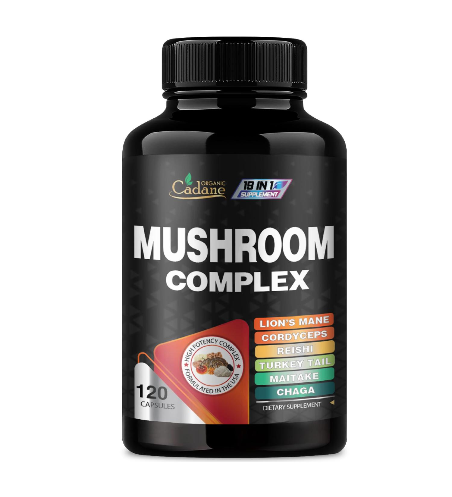 Cadane Mushroom Complex Supplements - 19in1 Concentrated with Lions Mane Cordyceps Sinensis Reishi Turkey Tail Mushroom Maitake Chaga Shiitake Enoki & More - 120 Caps for 4 Months Supply - Buy Online on GoSupps.com