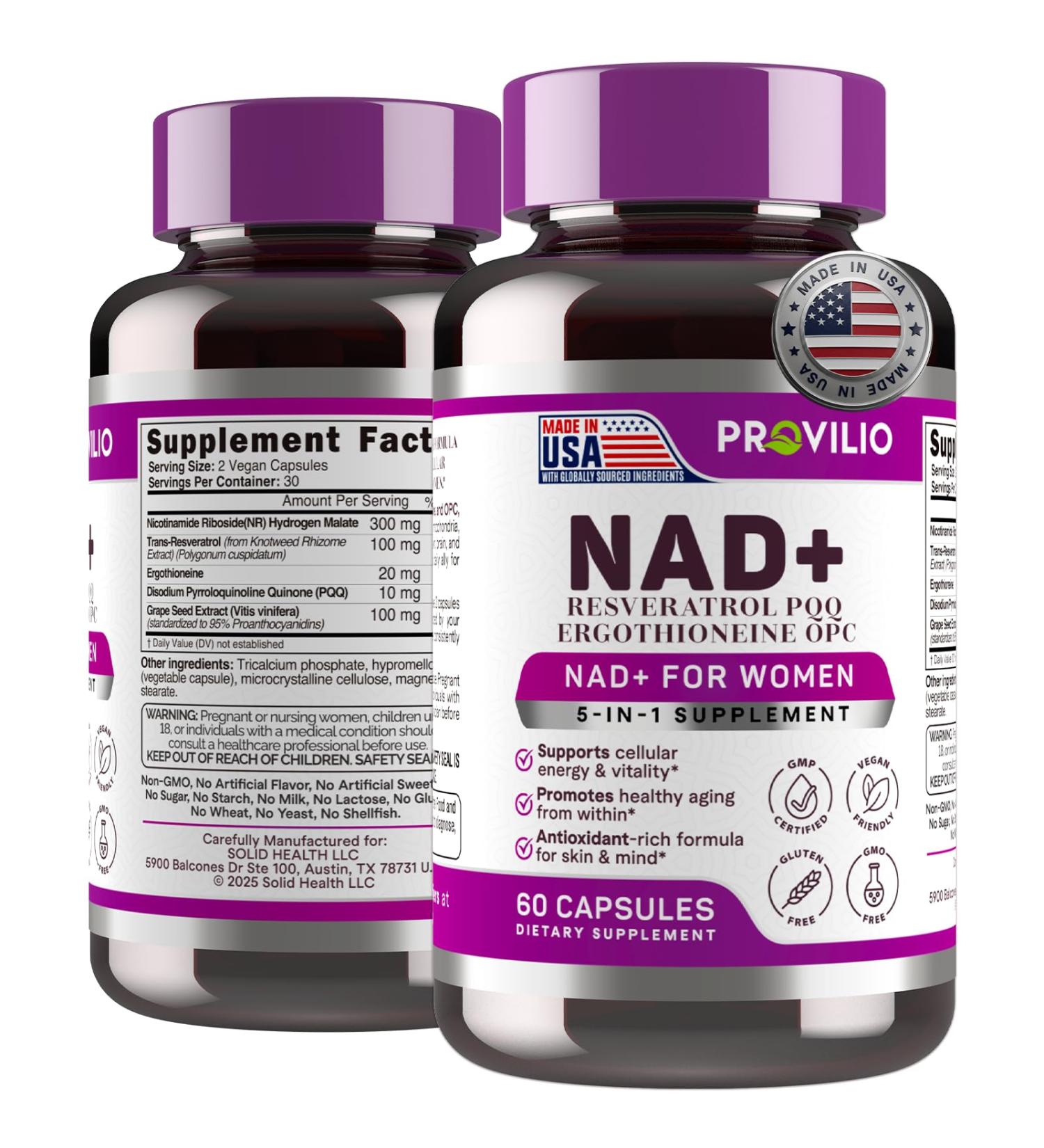 Provilio NAD+ Supplements for Women - NMN Supplement Alternative with Nicotinamide Riboside, Trans-Resveratrol, NAD Resveratrol Supplement for Energy, Skin Health, Healthy Aging - USA Made - Buy Online on GoSupps.com