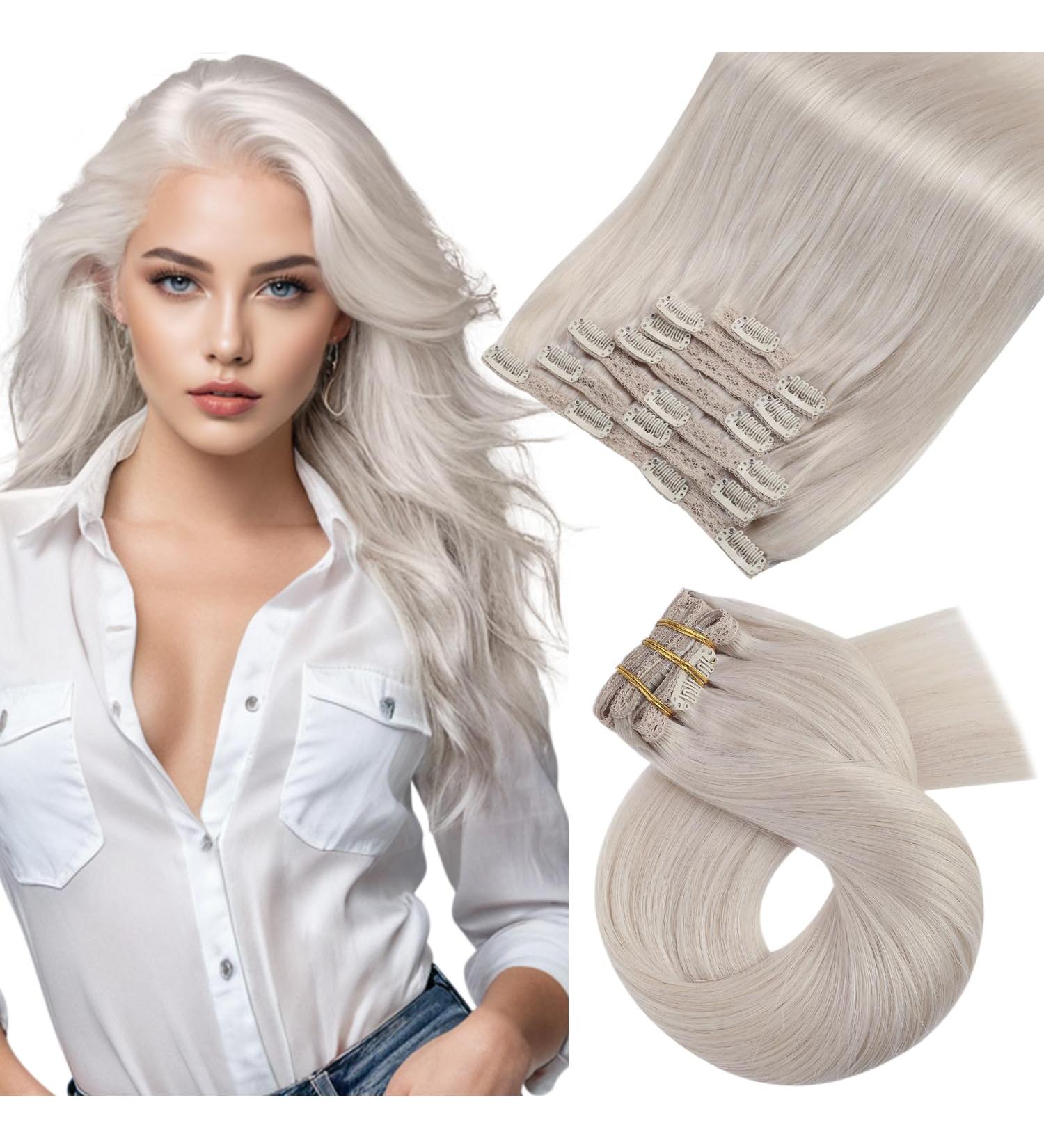 Clip in Human Hair Extensions Blonde Real Hair Extensions Clip in White Blonde Human Hair Clip in Extensions 20 Inch 7 Pieces/120g - Buy Online on GoSupps.com