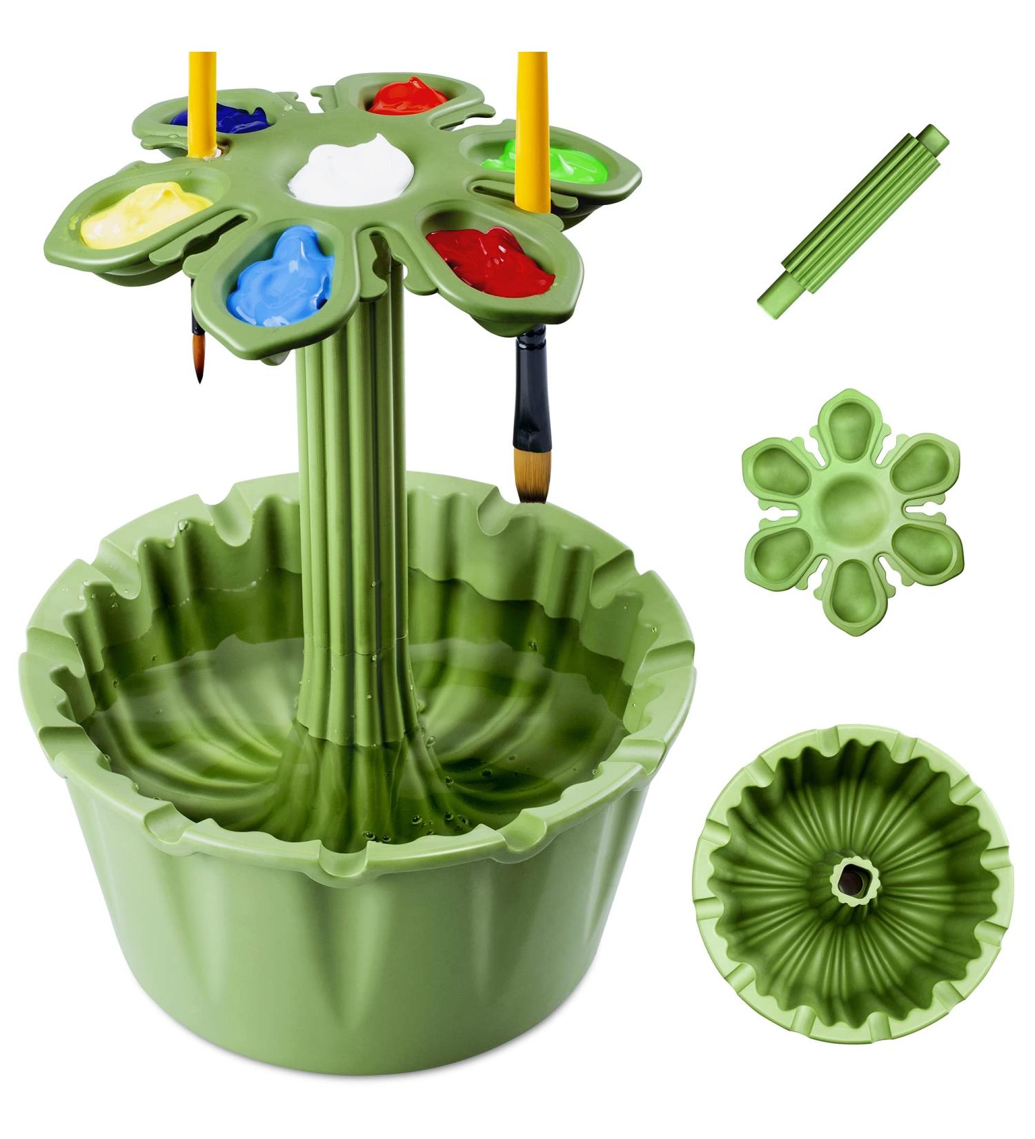 Paint Brush Cleaner Rinse Cup Basin - All-in-One Brush Cleaning Washer Tank with Organizer, Palette, and Holder - Ideal for Artists, Kids, Acrylic, Watercolor, Oil Painting - Cute Flower Pot Design in Green - Buy Online on GoSupps.com