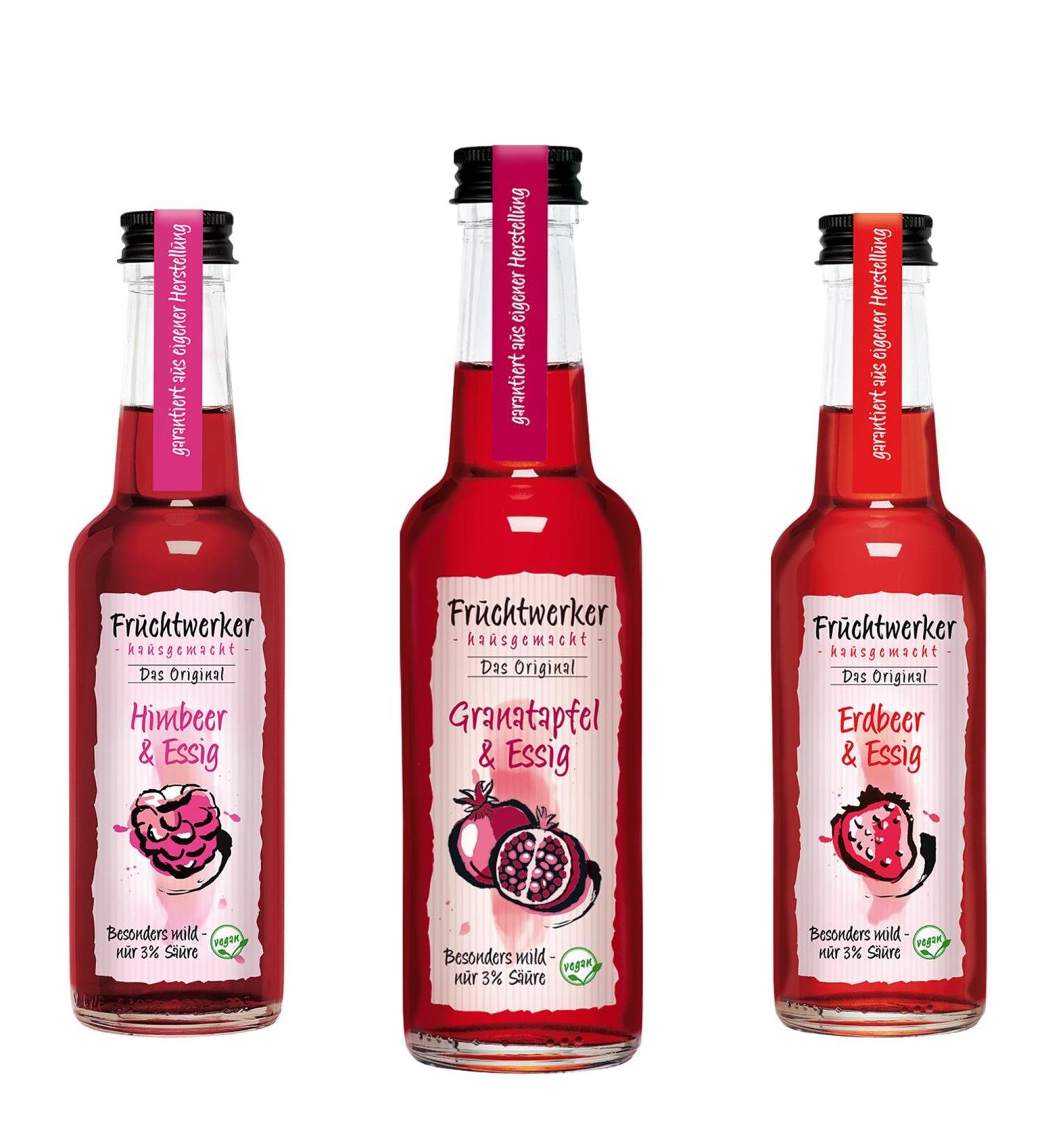 Fruchtwerker Vinegar and Pomegranate Set I Different Varieties I Fruity I Fruit Vinegar I Set Vinegar I Pure Vegetable I Sweet I In Glass Bottles (Pomegranate + Raspberry + Strawberry) - Buy Online on GoSupps.com