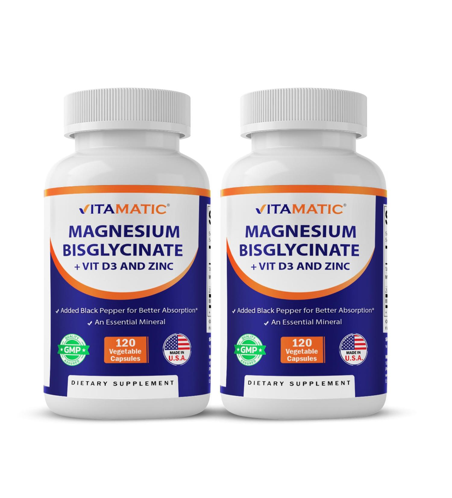Vitamatic Magnesium (from Bisglycinate & Oxide) with Vitamin D3 & Zinc - 120 Veg Capsules - Supports Muscle, Joint, Nerve & Heart Health Non-GMO, Gluten-Free - 2 Pack - Buy Online on GoSupps.com