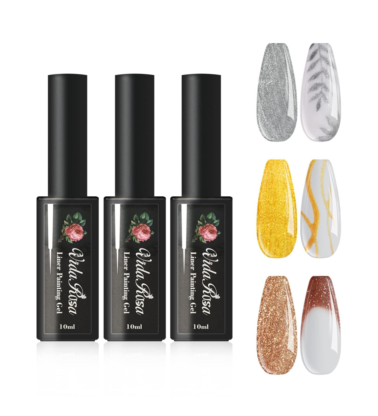 Gold & Silver & Rose Gold VidaRosa Professional Gel Nail Polish Special Liner Brush for Manicure Striping/Strokes/Painting Details Nails Gel Liner Polish for UV LED Nail Art Drawing Salon Use gold silver rose gold - Buy Online on GoSupps.com