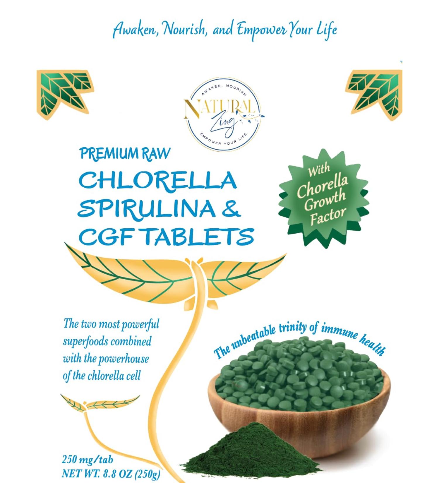 NaturalZing Awaken Nourish Empower Your Life Premium Raw 45-45-10 Chlorella Spirulina & CGF Tablets 8.8 Oz