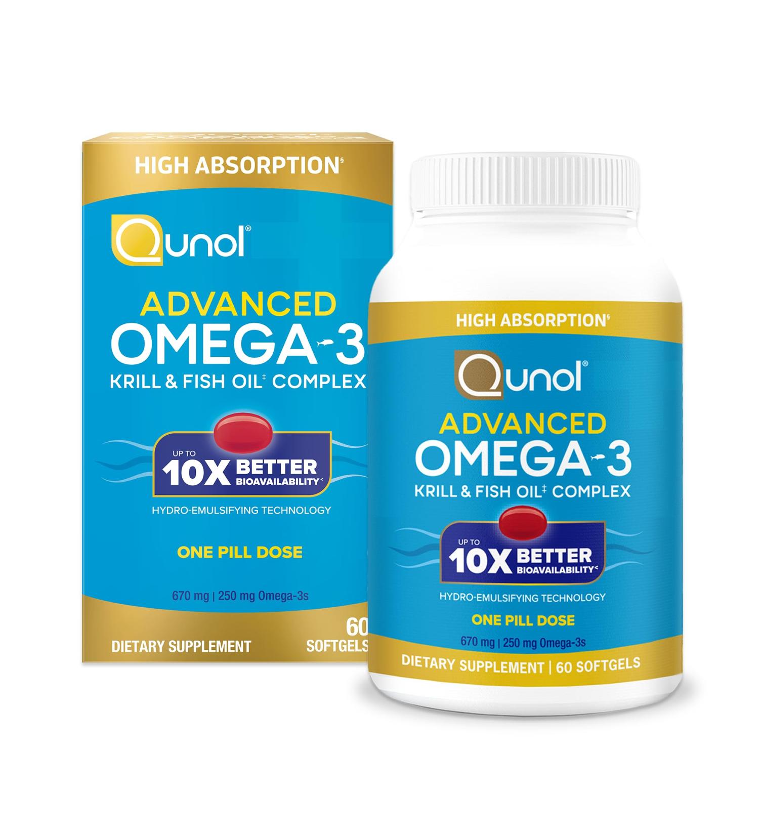 Qunol Advanced Omega 3 Krill and Fish Oil Complex 10x Better Bioavailability One Pill Dose 250mg EPA & DHA Supports Brain Eye Heart and Joint Health 90 Count (Pack of 1) - Buy Online on GoSupps.com