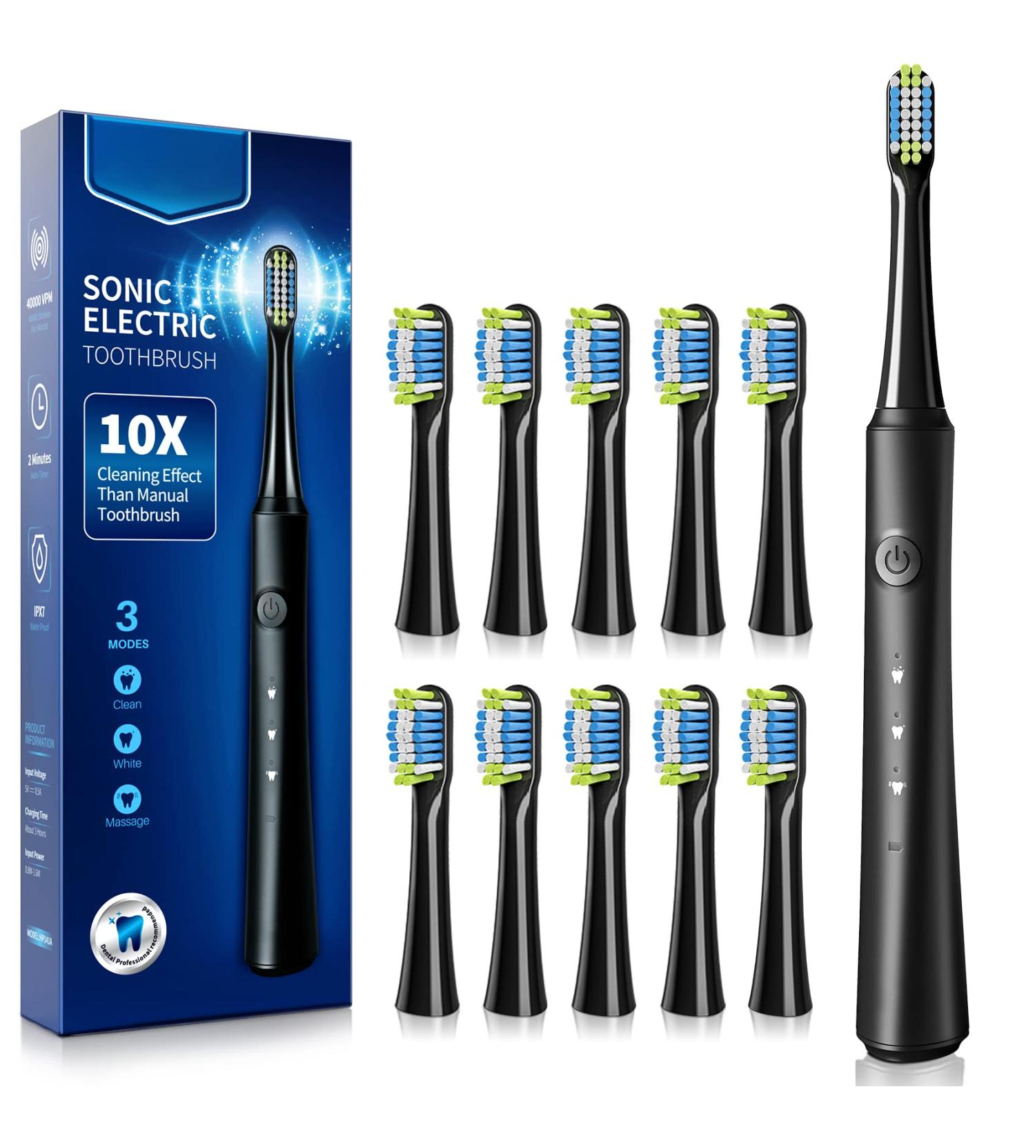 Portable Electric Toothbrush for Adults & Kids - Sonic Technology, 10 Replacement Bristle Heads Included (Black) - Buy Online on GoSupps.com