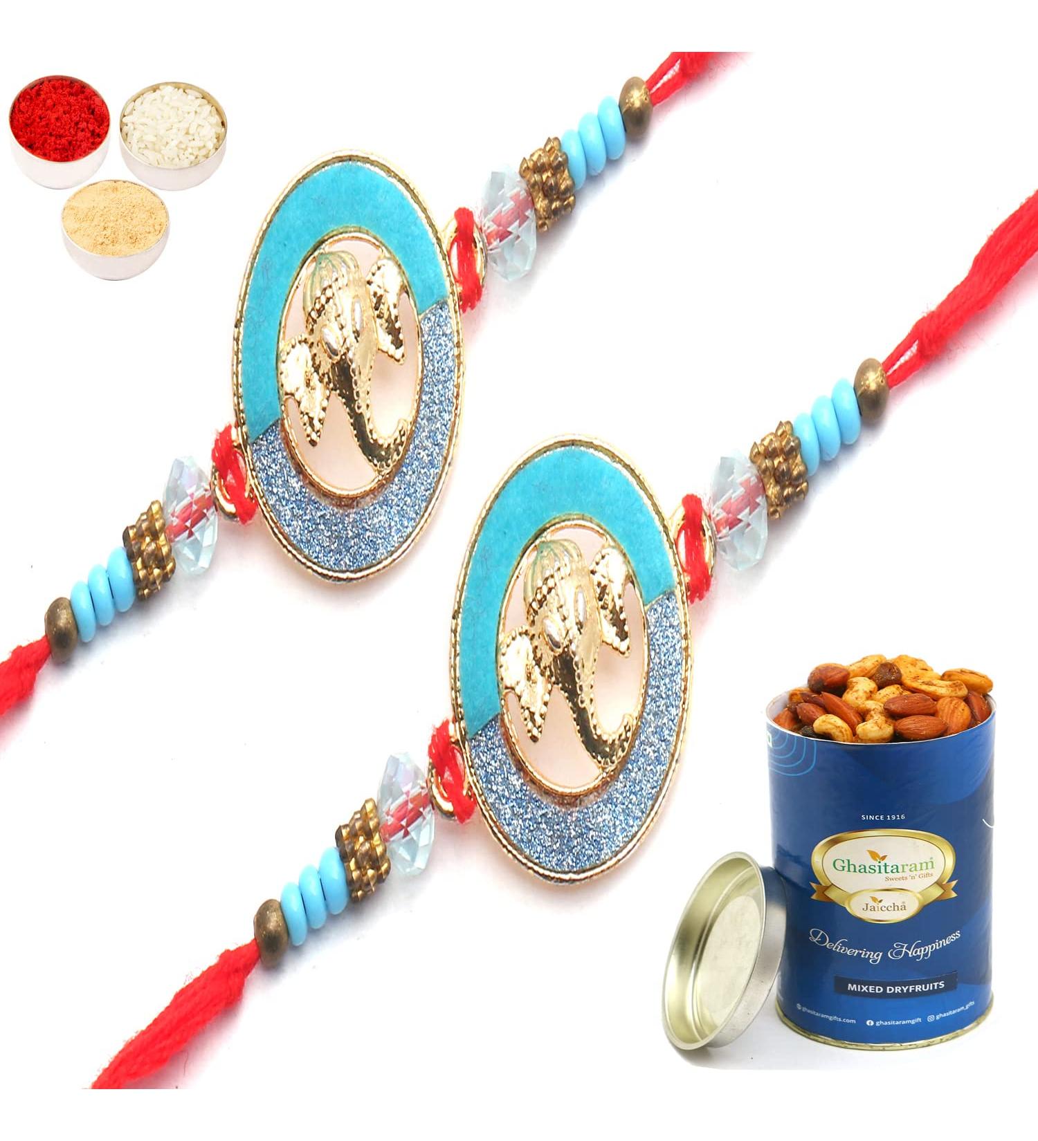 Ghasitaram Gifts Rakhi for Brother Rakhis Online - Set of 2 The Riddhi Siddhi Ganpati Blessings for My Brother Rakhi with 100 GMS of Dryfruits Mix Can 2 Rakhi with 100 gms of Dryfruits Mix Can - Buy Online on GoSupps.com