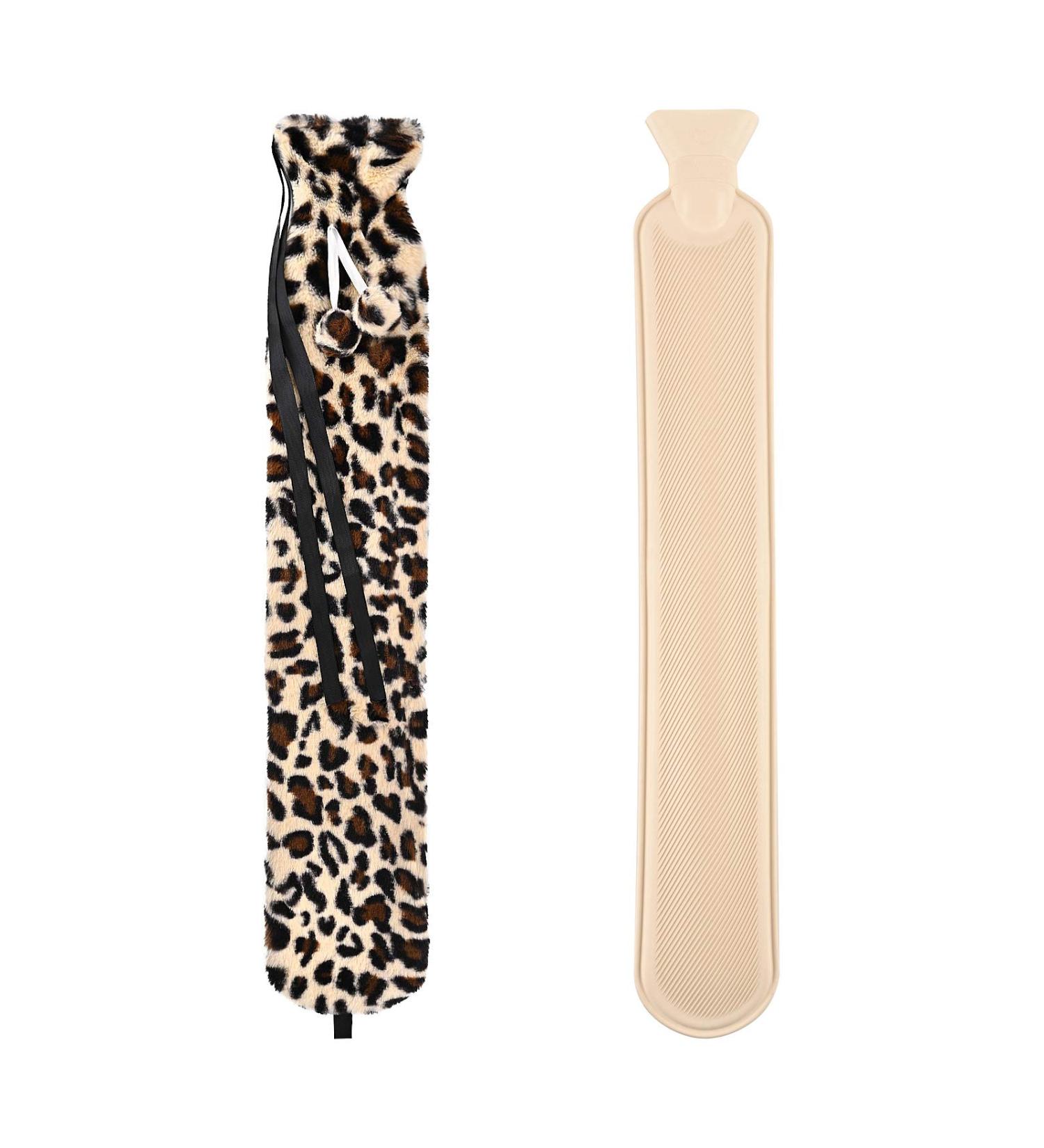 Leopard Print Long Hot Water Bottle with Plush Cover & 2L Capacity - Wearable Belts for Neck, Waist, Abdomen - Leak-Proof Screw Thread Stopper - Buy Online on GoSupps.com
