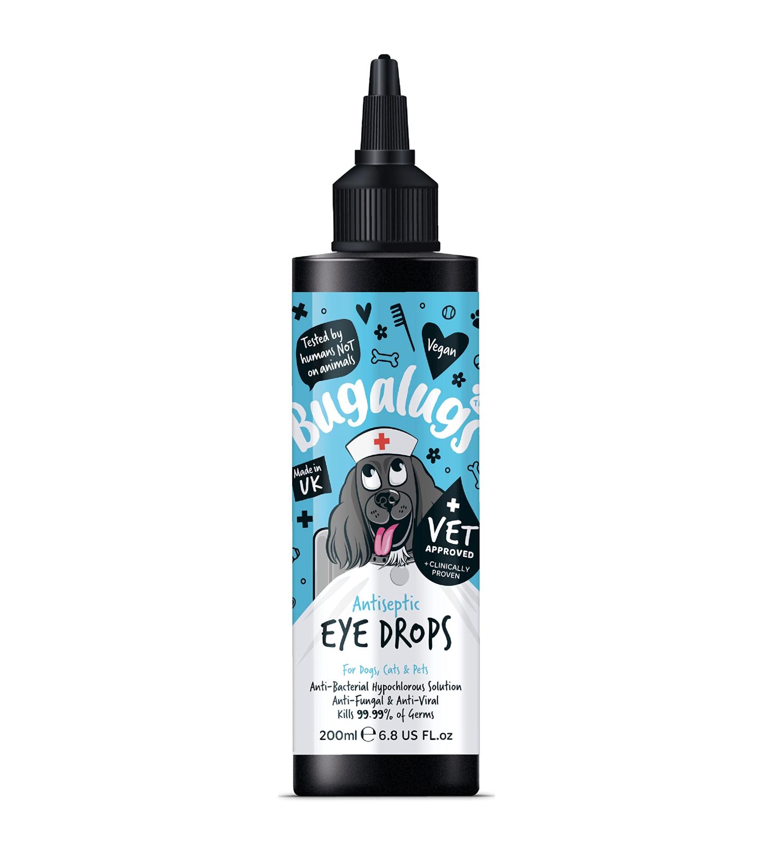 BUGALUGS Dog Eye Drops 200ml - Antiseptic & Antibacterial Solution for Dogs, Puppies & Cats - Relief for Dry, Itchy, Irritated Eyes - Tear Stain Remover & Cleaner - First Aid for Eye Infections - Buy Online on GoSupps.com