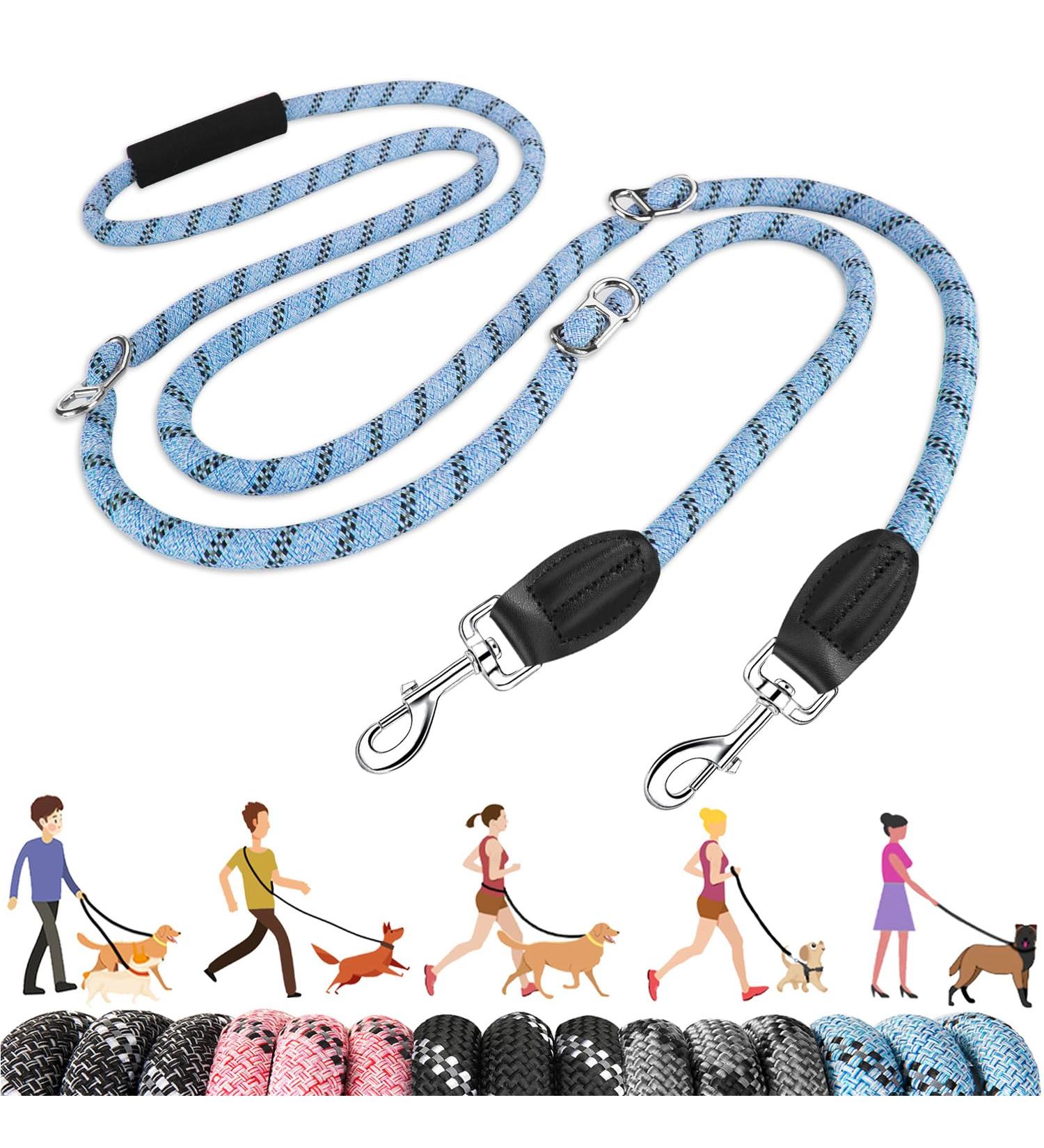Eyien 3m Dog Leash for Medium to Large Dogs | 8-in-1 Reflective Double Leash with Adjustable Buckles | Freehand Linen | Supports Dogs Below 100kg - Blue - Buy Online on GoSupps.com