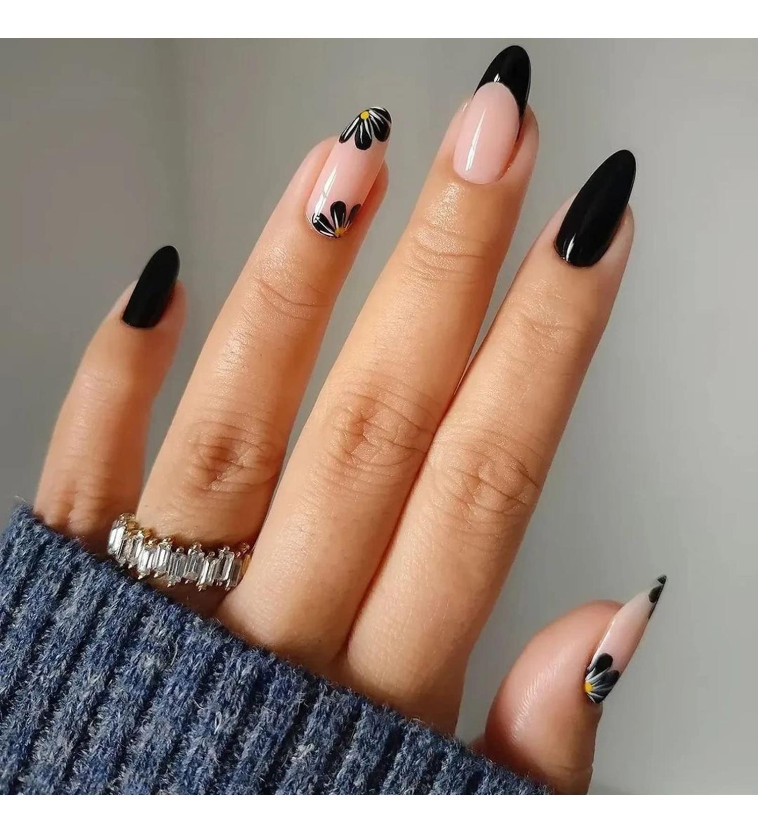 Almond False Nails Short 24Pcs Nude Pink Gradient Press on Nails - French Nail Tips with Nail Glue for Women - Black Flower Design - Buy Online on GoSupps.com