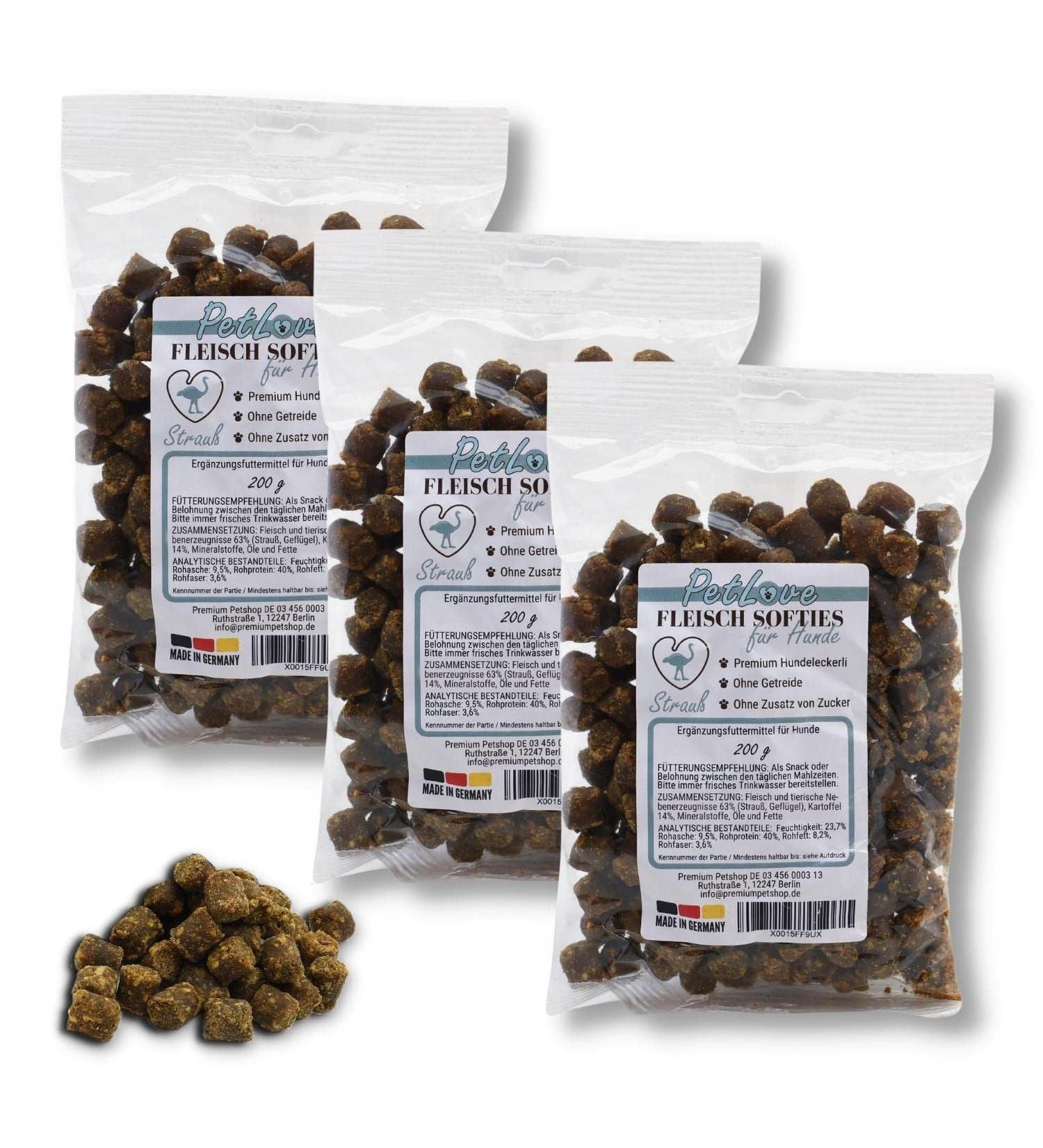 Petlove Grain-Free Meat Softies for Dogs | 63% Meat Content | Training Dog Treats | Strauss (3x200g) - Buy Online on GoSupps.com