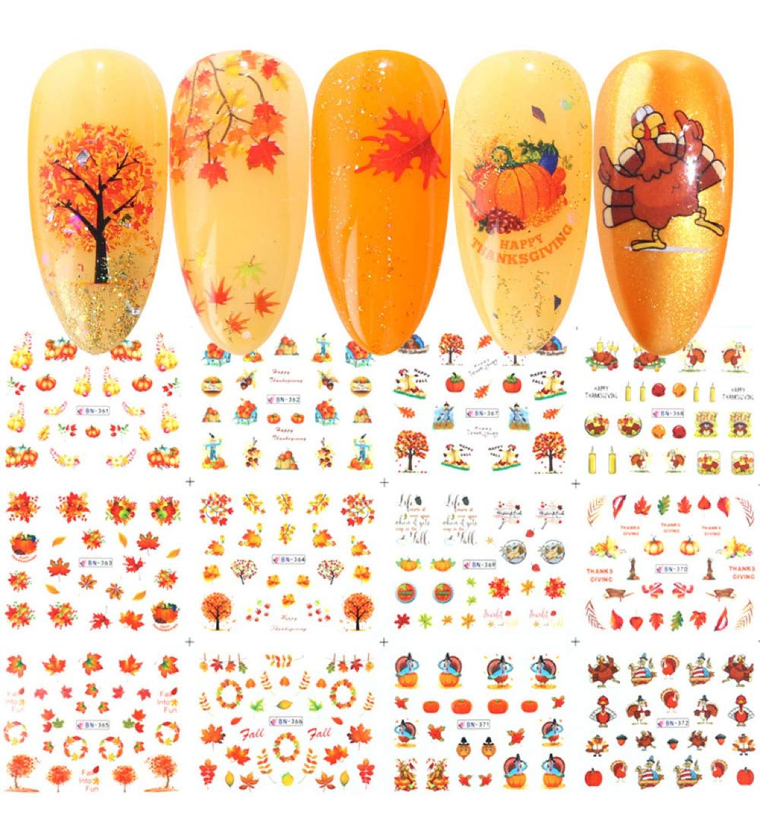 Fall Nail Stickers - Halloween & Thanksgiving Nail Art Decals | 12 Sheets Maple Leaf Pumpkin Turkey Water Transfer Stickers for DIY Thanksgiving Day Decor - Women, Girls, Kids - Buy Online on GoSupps.com