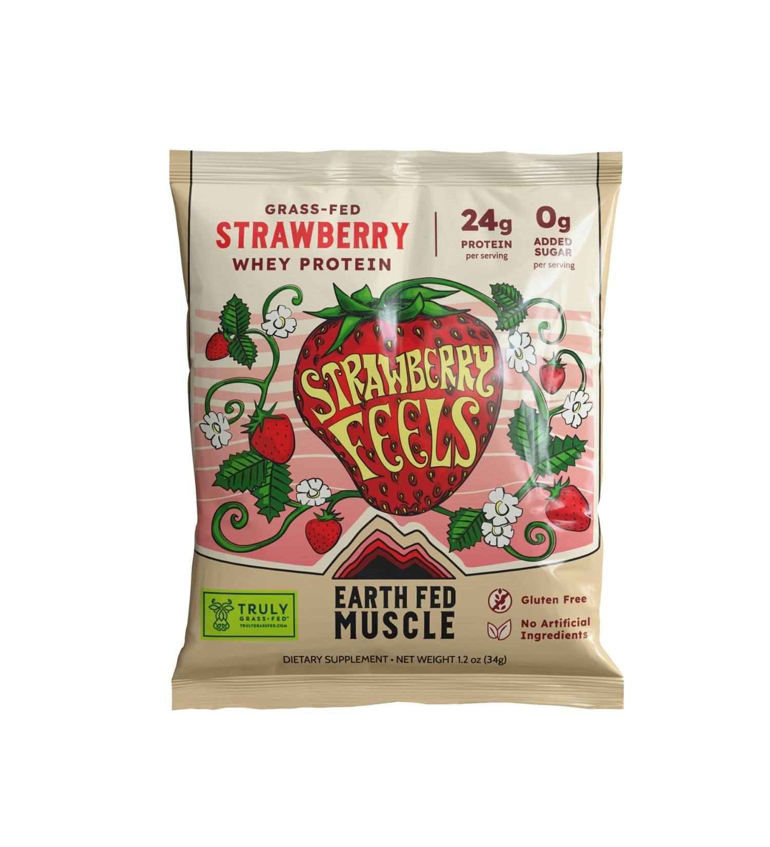 Earth Fed Muscle Strawberry Feels Irish Grass Fed Whey Protein Isolate - NSF-Certified. No Artificial Ingredients Soy Free Gluten Free Non-GMO and Hormone Free (1 Serving Strawberry) Strawberry Feels (Forever) - Buy Online on GoSupps.com