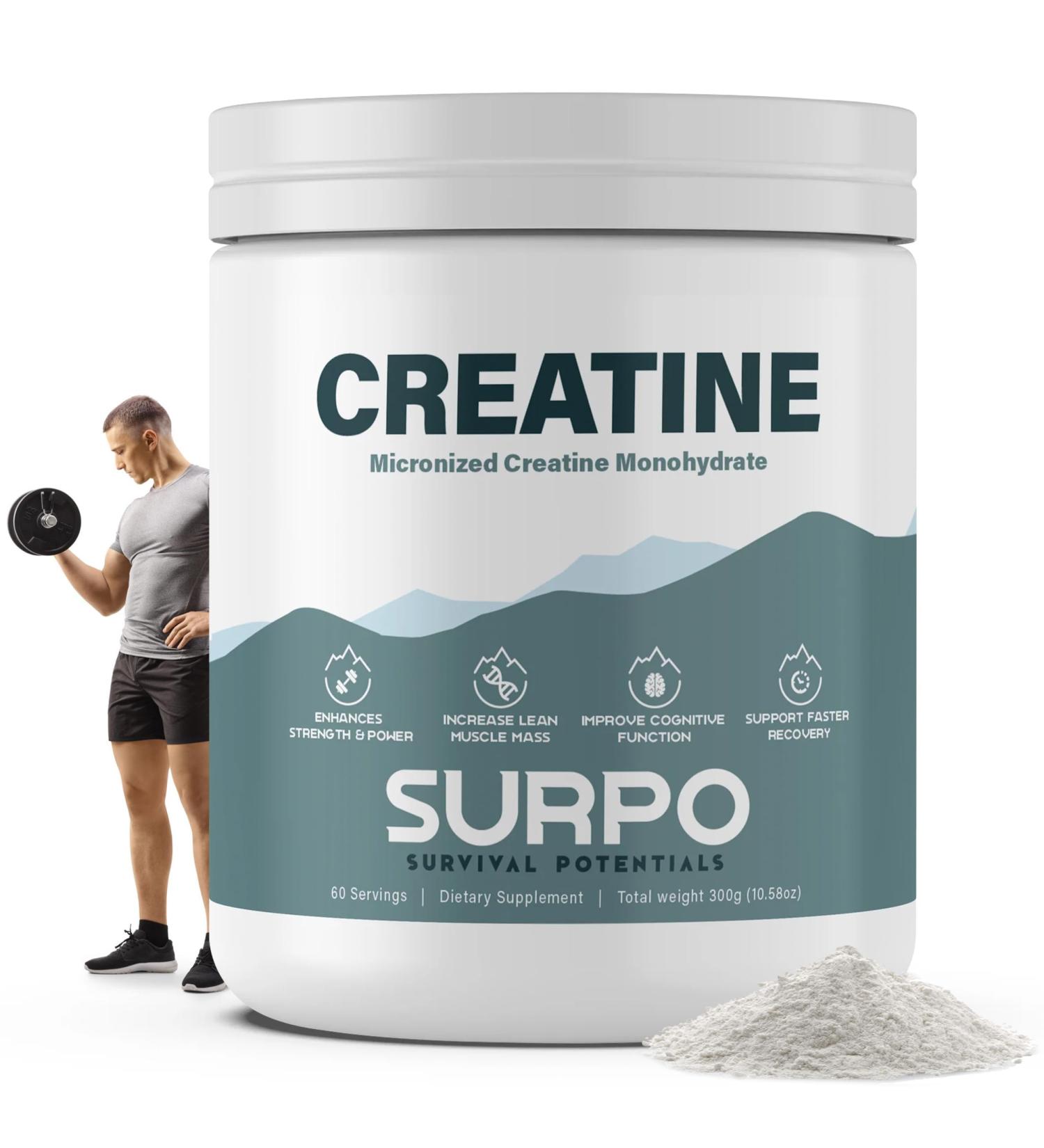 SURPO Micronized Creatine Monohydrate Powder - 300g | Pure Unflavored Gluten-Free & Non-GMO | 60 Servings for Muscle Recovery & Growth | International Shipping Available - Buy Online on GoSupps.com