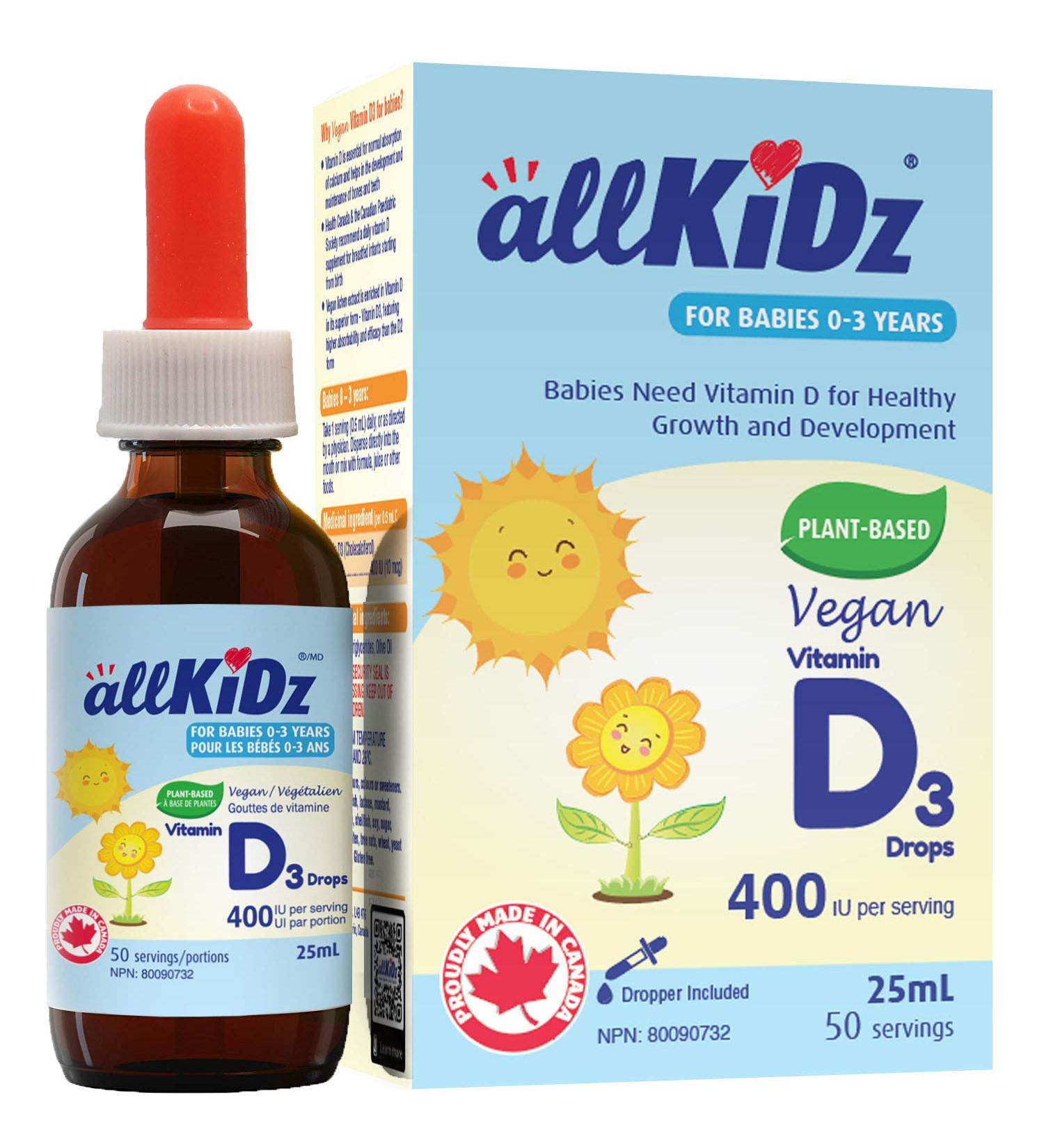 allKiDz Vegan Vitamin D3 Drops for Infants Babies Kids Children Plant-based 400 IU VD3 Liquid Supplement 25 Milliliter - Buy Online on GoSupps.com