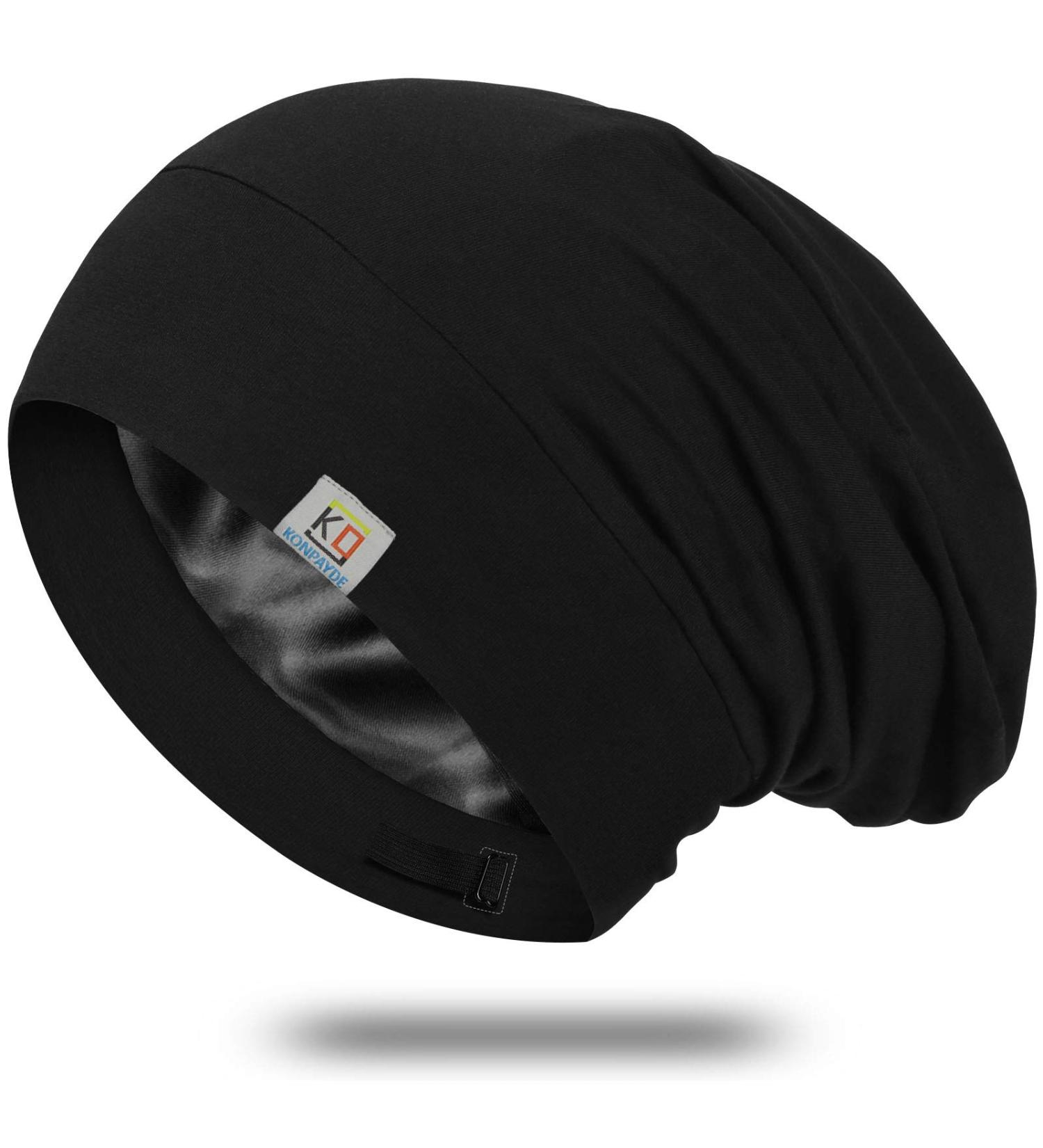 Silk Bonnet Sleep Cap - Soft & Comfortable Satin Sleeping Cap for Women and Men - Large Beanie Hat for Natural Curly Hair Protection - Black - Buy Online on GoSupps.com