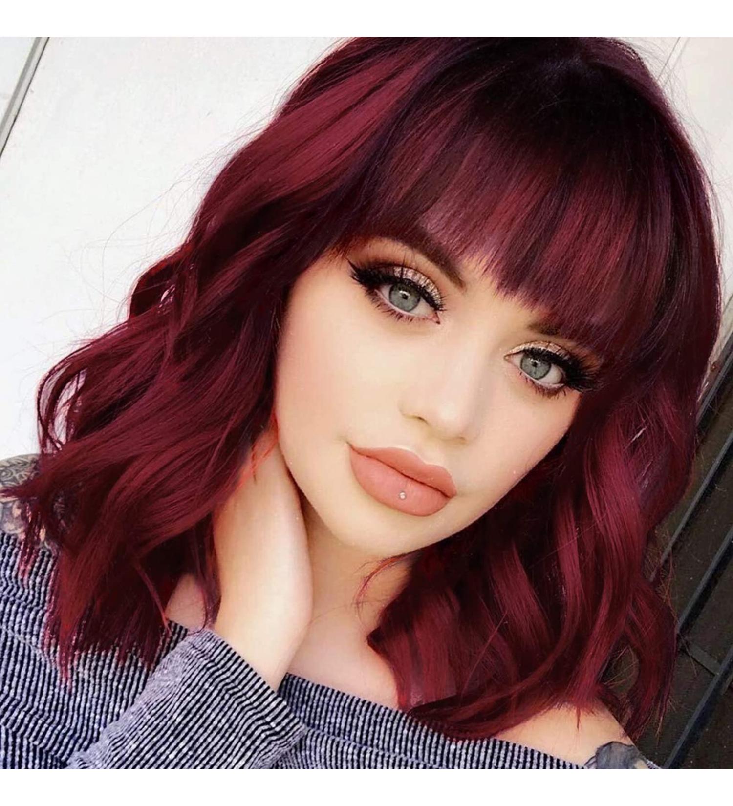 Wine Red Wavy Shoulder Length Wig with Bangs | Burgundy Bob Curly Wig for Women | Heat Resistant Fiber | 12 Inch - Buy Online on GoSupps.com