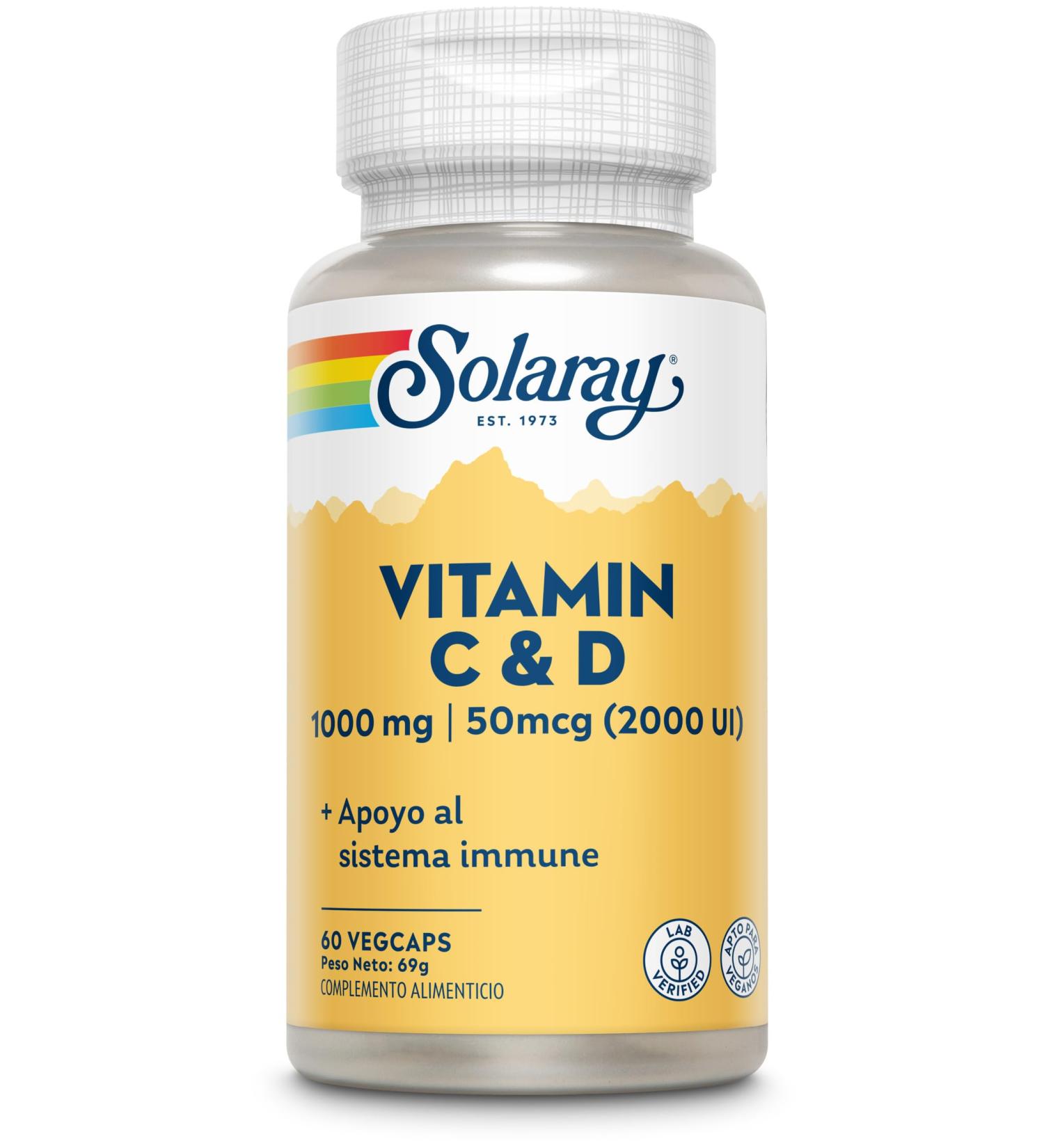  SOLARAY SOLARAY Vitamin C & D 1000 mg C & 50 mcg D suitable for vegetarians Vegcaps 200 g 60 units - Buy Online on GoSupps.com