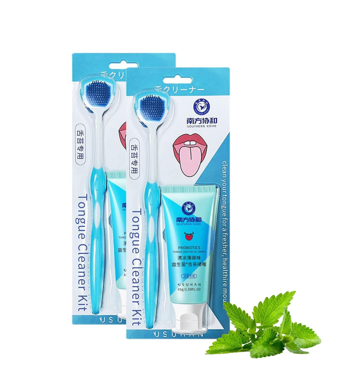 Oral Hygiene Brush & Tongue Cleansing Gel Kit | Mint Gel + Tongue Cleaner Brush | Remove Bad Breath | 2PC Set - Buy Online on GoSupps.com