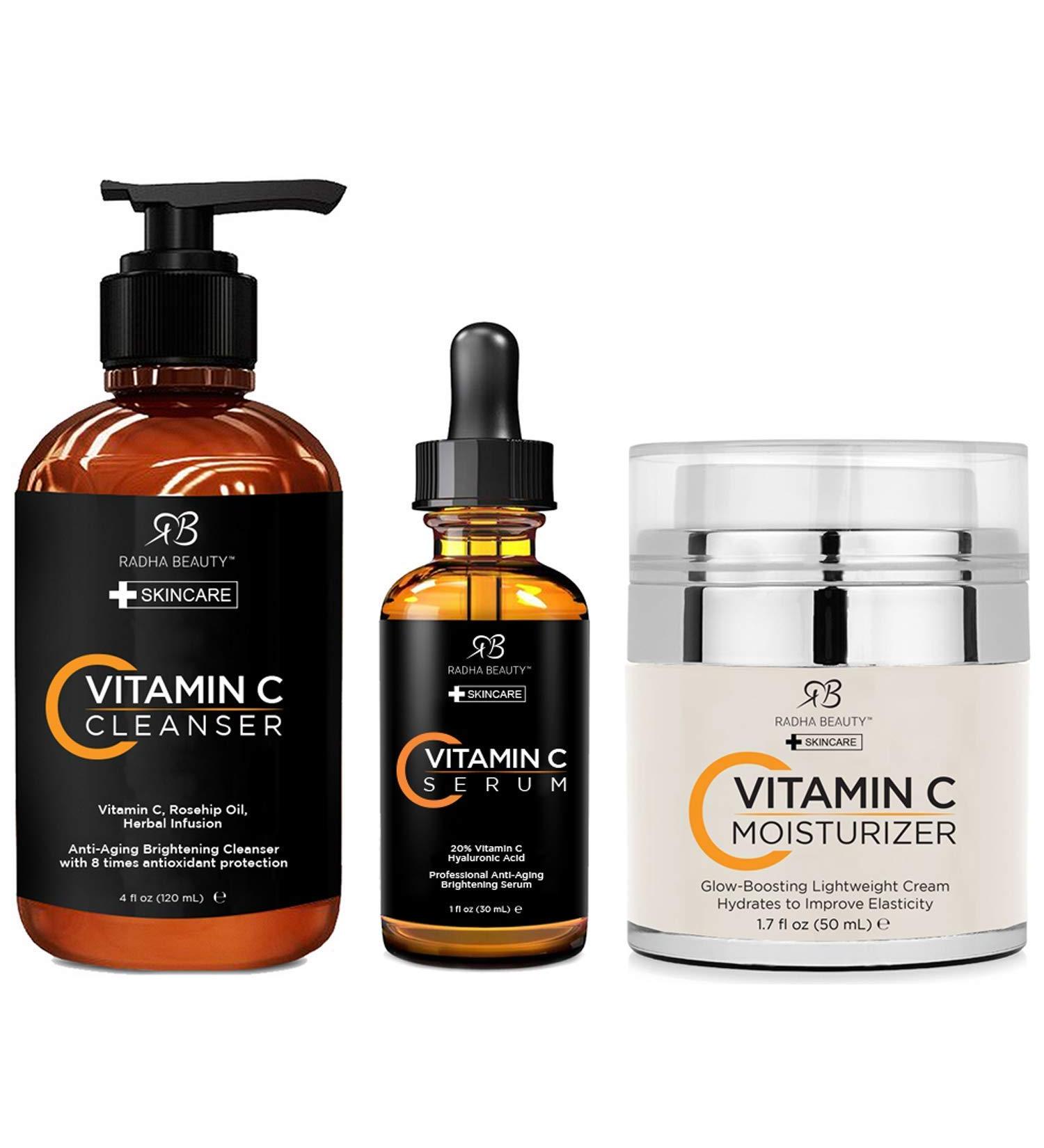 Radha Beauty Vitamin C Facial Care Kit - Anti-Aging 3-in-1 Set for Wrinkles & Dark Spots - Cleanser, Serum, Moisturizer - Day & Night Skincare Set - Buy Online on GoSupps.com