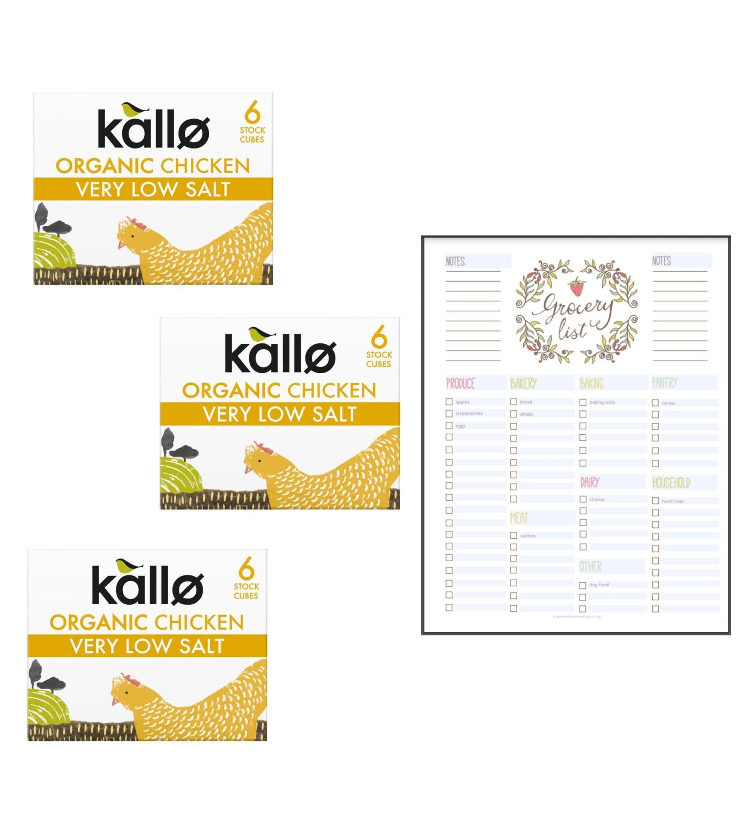 Very Low Salt Chicken Stock Cubes Bundle which Contains Kallo Chicken Cubes 48g - Pack of 3 with Grocery List Card - Buy Online on GoSupps.com