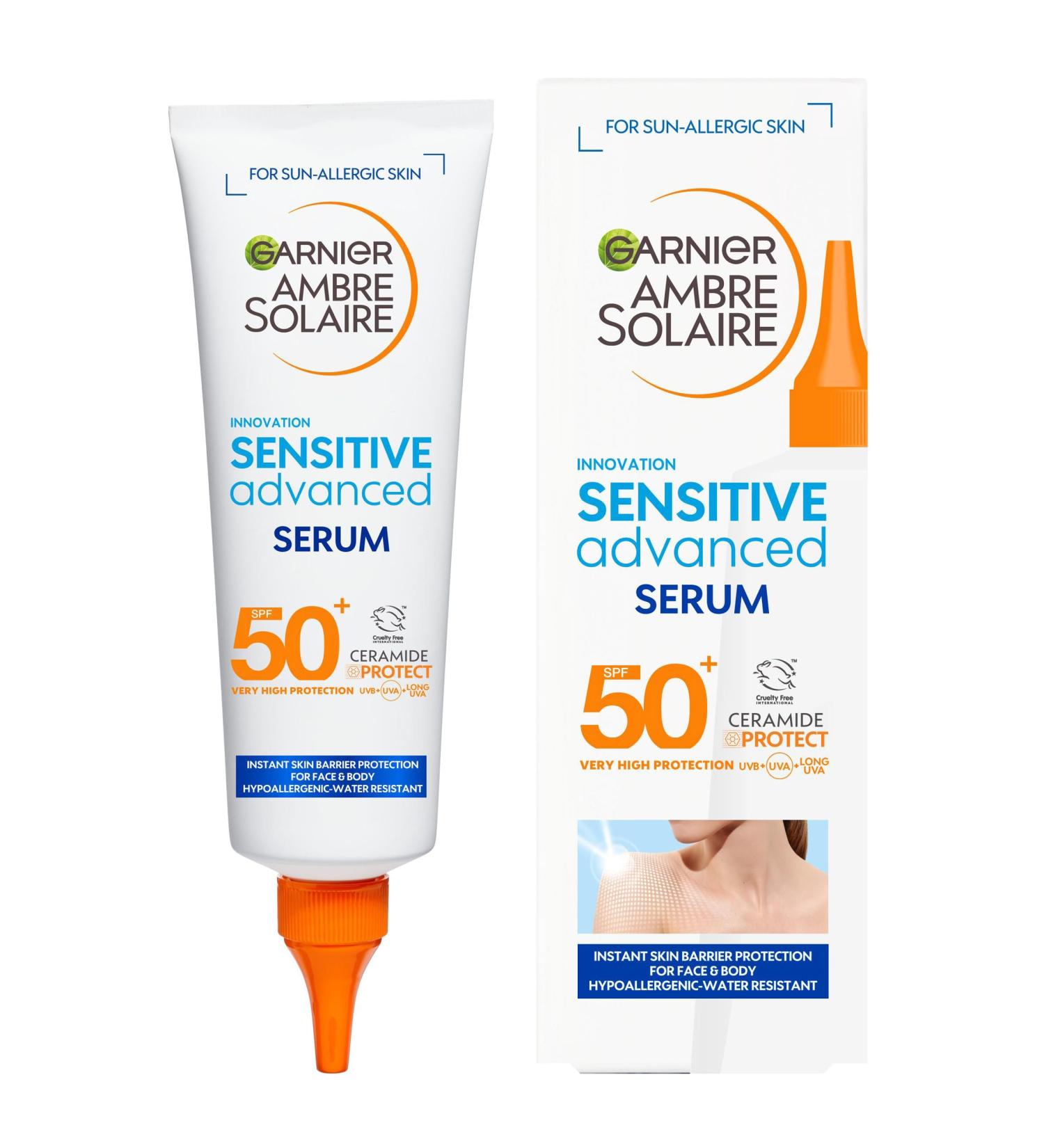 Garnier Ambre Solaire SPF 50+ Sun Protection Serum 125ml - Non-Sticky, Non-Greasy Fluid with No White Cast - Sensitive Skin Formula - Buy Online on GoSupps.com