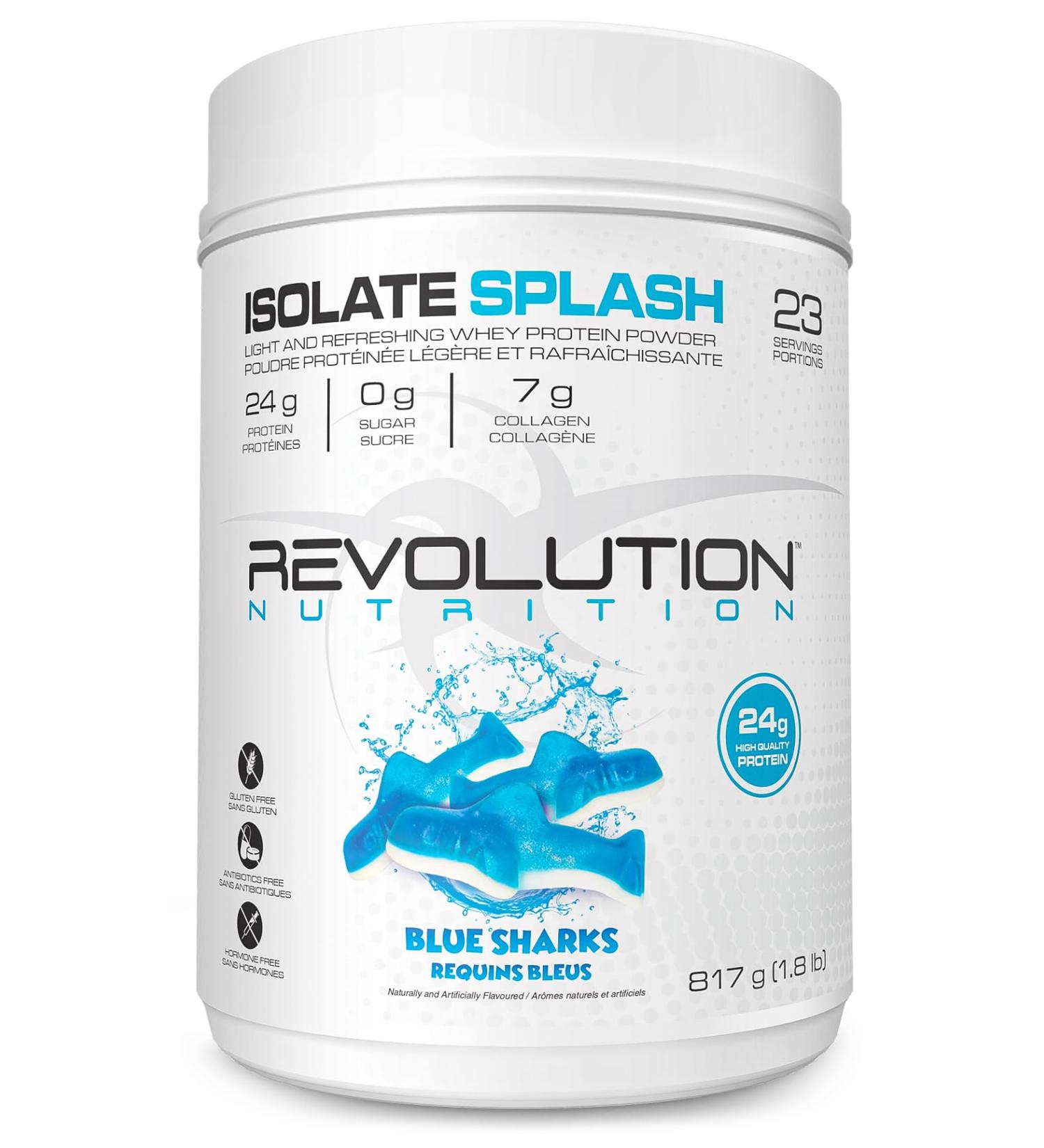 Revolution Nutrition Isolate Splash Clear Whey Protein Powder Juice-Type Protein Candy Flavour Collagen 24g Of Protein Per Scoop Zero Sugar 817g 23 Servings (Blue Sharks 1.8 Pound) Blue Sharks 1.8 Pound - Buy Online on GoSupps.com