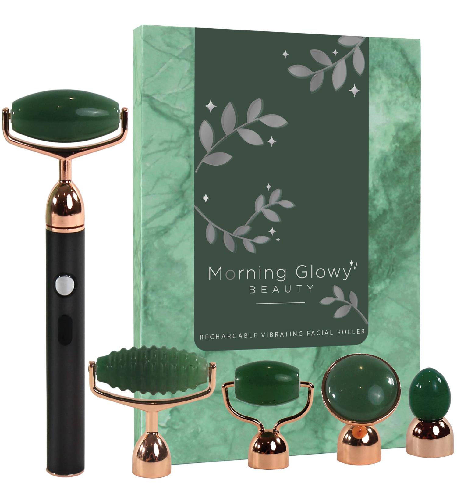 Vibrating Jade Face Roller & Massager - 5 in 1 Rechargeable Tool for Soft Skin & Relaxation | Soothes Puffy Eyes - Green Quartz Beauty Set - Buy Online on GoSupps.com