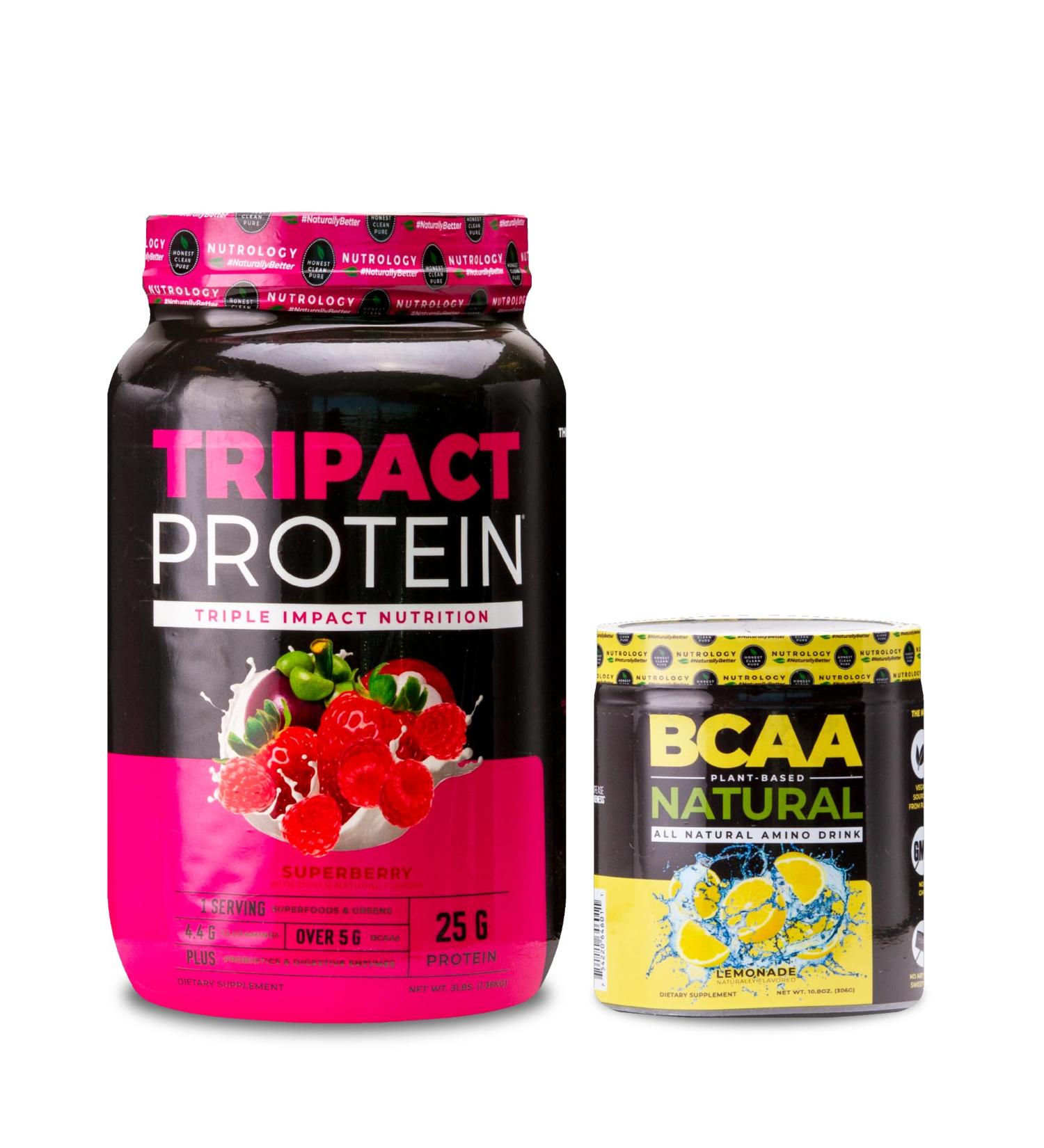 Nutrology TRIPACT Protein Powder 7-in-1 Meal Replacement Shake Superberry (40 Servings) BCAA Natural Plant Based BCAA Powder Lemonade Flavor (30 Servings) - Buy Online on GoSupps.com