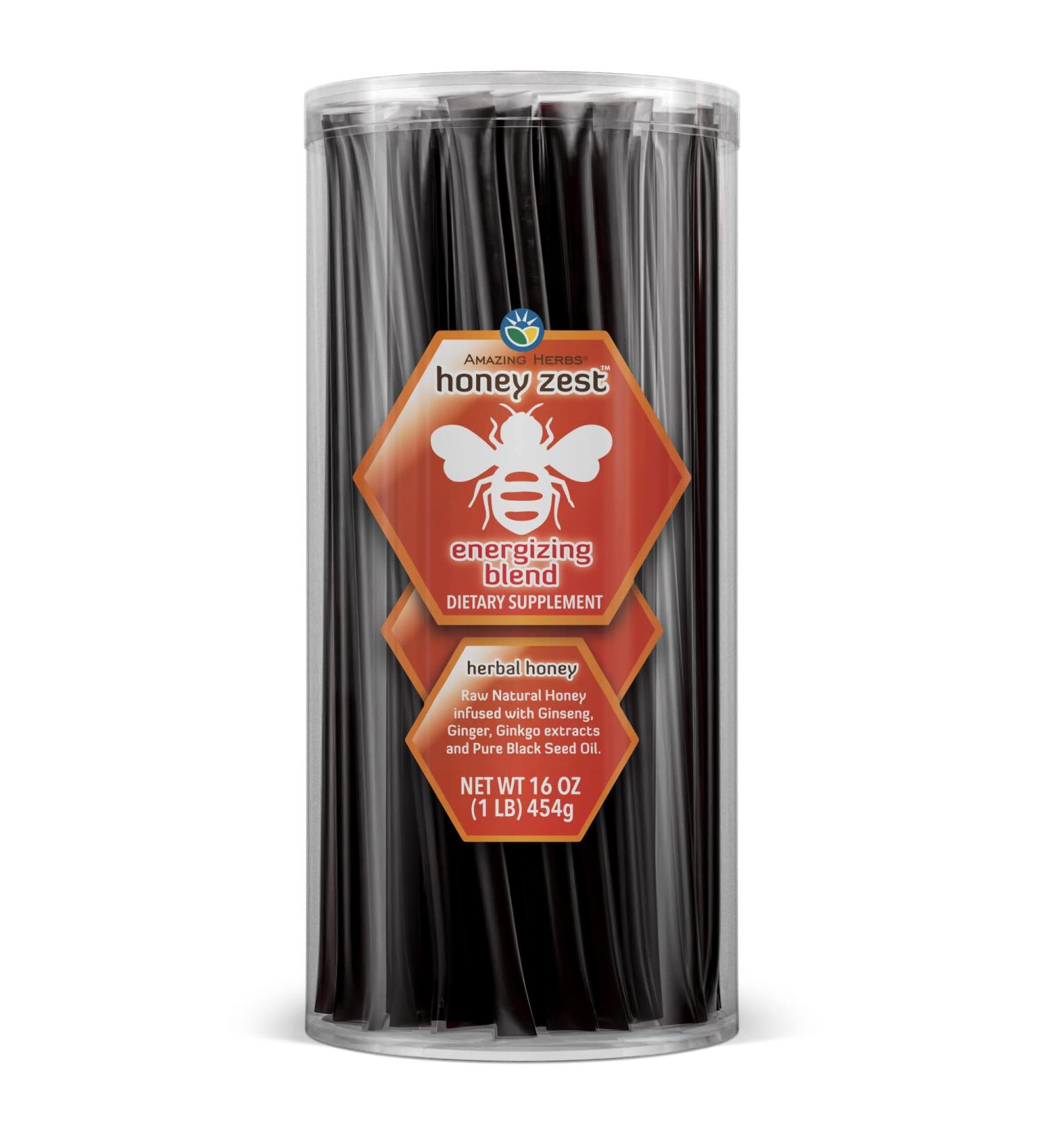 Amazing Herbs Raw Natural Honey - Herbal Honey Infused with Ginseng, Ginger, Ginkgo Extracts & Pure Black Seed Oil, Non GMO, Gluten Free Immune Booster - Honeyzest Energizing Straws, 100 Count - Buy Online on GoSupps.com