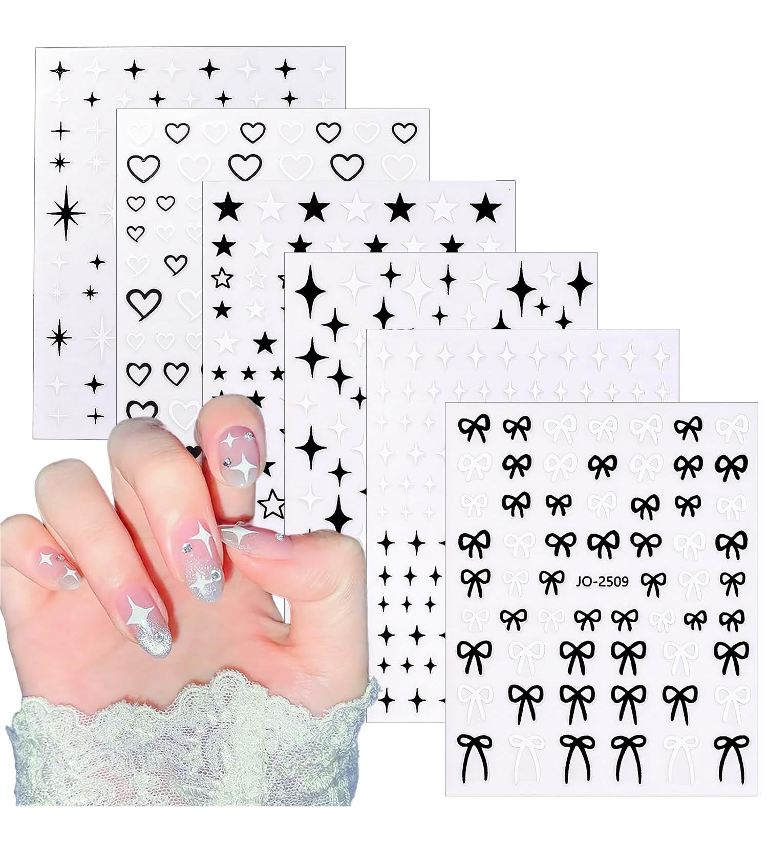 CHANGAR 6 Sheets Starlight Nail Stickers Black White Star Bow Heart Nail Decals Bowknot Nail Design Starlight Nail Supplies for Women Manicure Nail Decoration Accessories - Buy Online on GoSupps.com