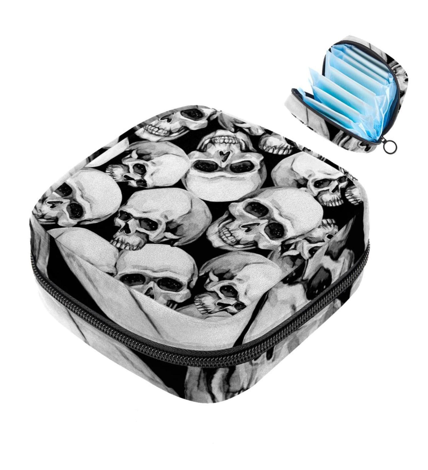Shop Women's Skull Motif Binding Storage Bags - Portable Menstrual Pad and Tampon Holders | Stylish Black & White Designs for School and Office - Buy Online on GoSupps.com