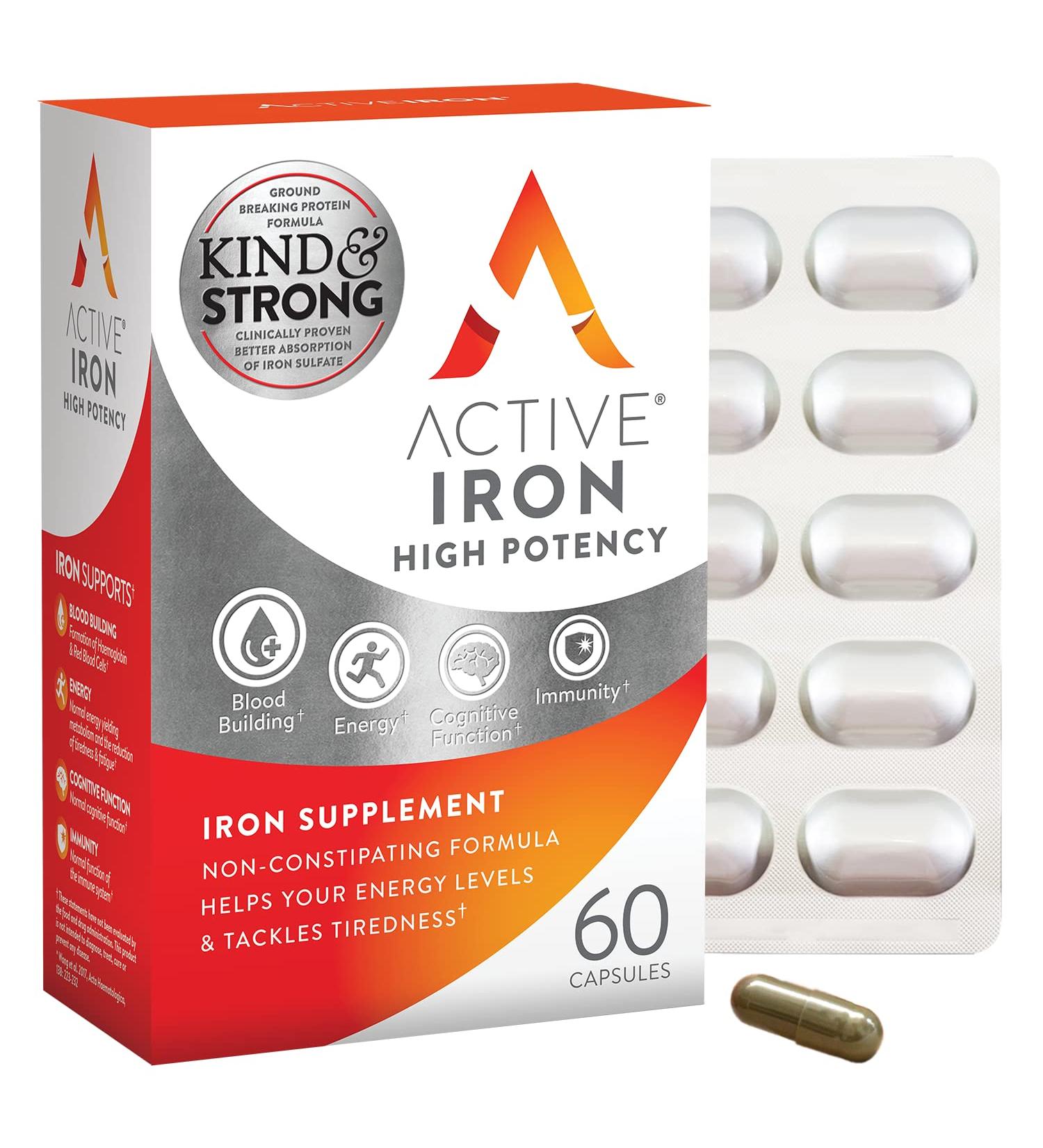 Active Iron High Potency 25mg Supplement for Energy Support - 60 Capsules - Buy Online on GoSupps.com