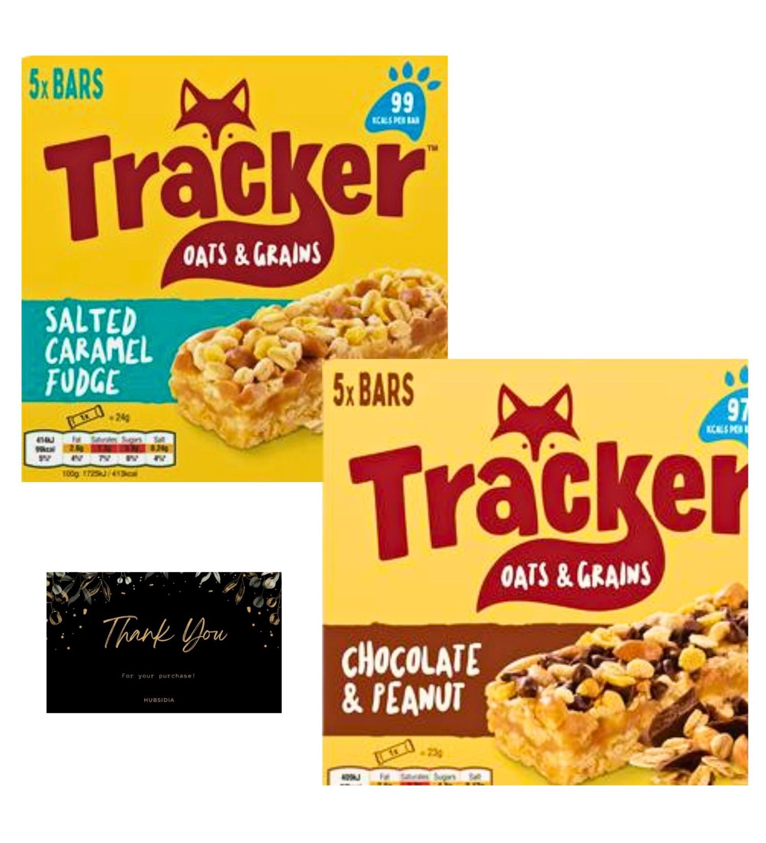 Cereal Bar Bundle with Tracker Chocolate & Peanut Bars and Tracker Oats & Grains Salted Caramel Fudge Cereal Bars (2 Pack) with Hubsidia Thank you Card - Buy Online on GoSupps.com