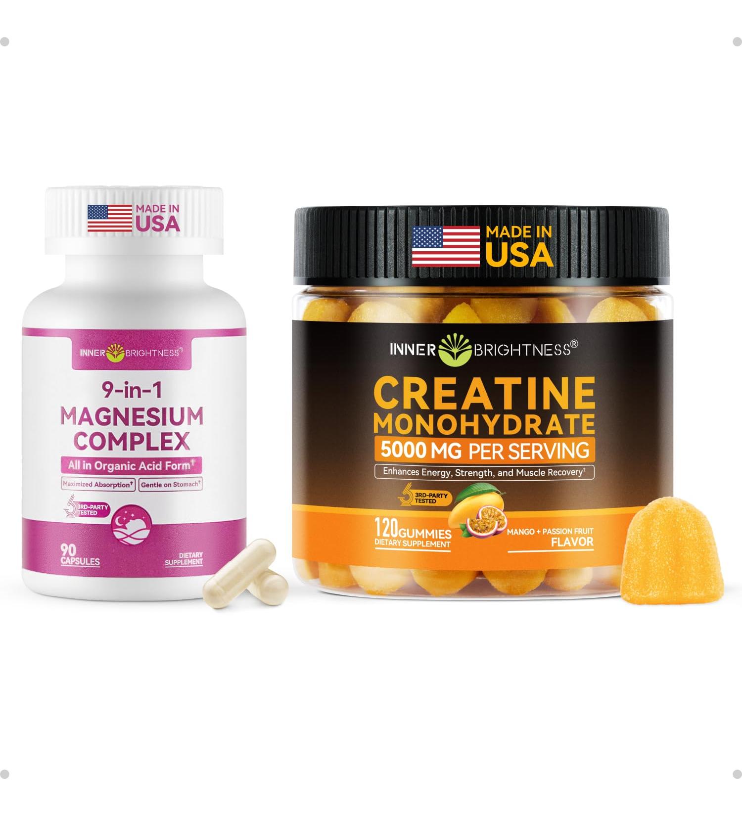 Inner Brightness Creatine Monohydrate Gummies for Men & Women 5000 mg+ 9-in-1 Magnesium Complex 300mg Magnesium from 9 Organic Forms Glycinate Citrate Malate High Absorption for Sleep & Relaxati - Buy Online on GoSupps.com