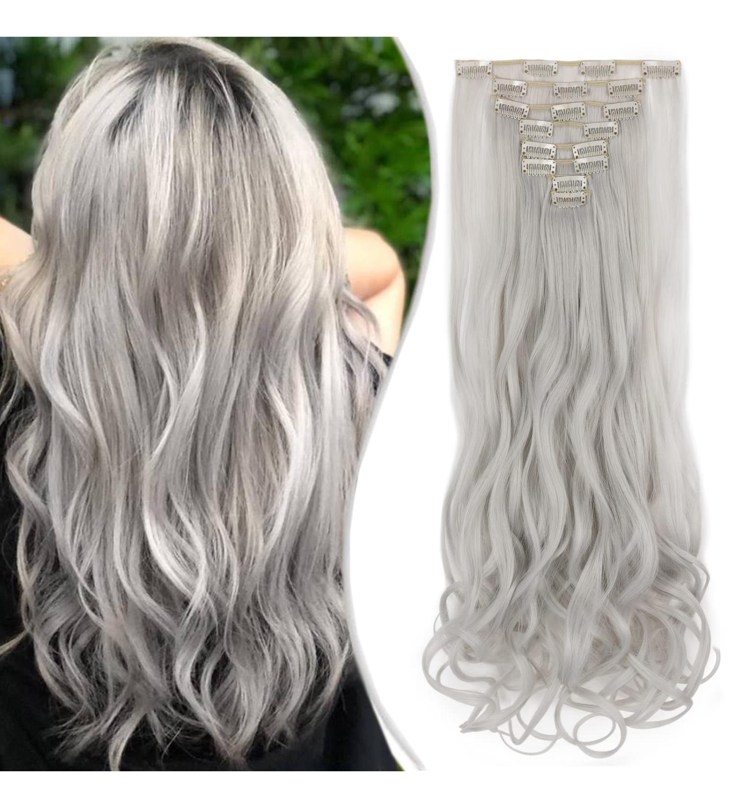 Curly Wavy Clip In Hair Extension Synthetic Matte Material 8 Pieces Clip In Hairpieces Fibre Set 24 Inch/60cm 140g Silver Grey - Buy Online on GoSupps.com