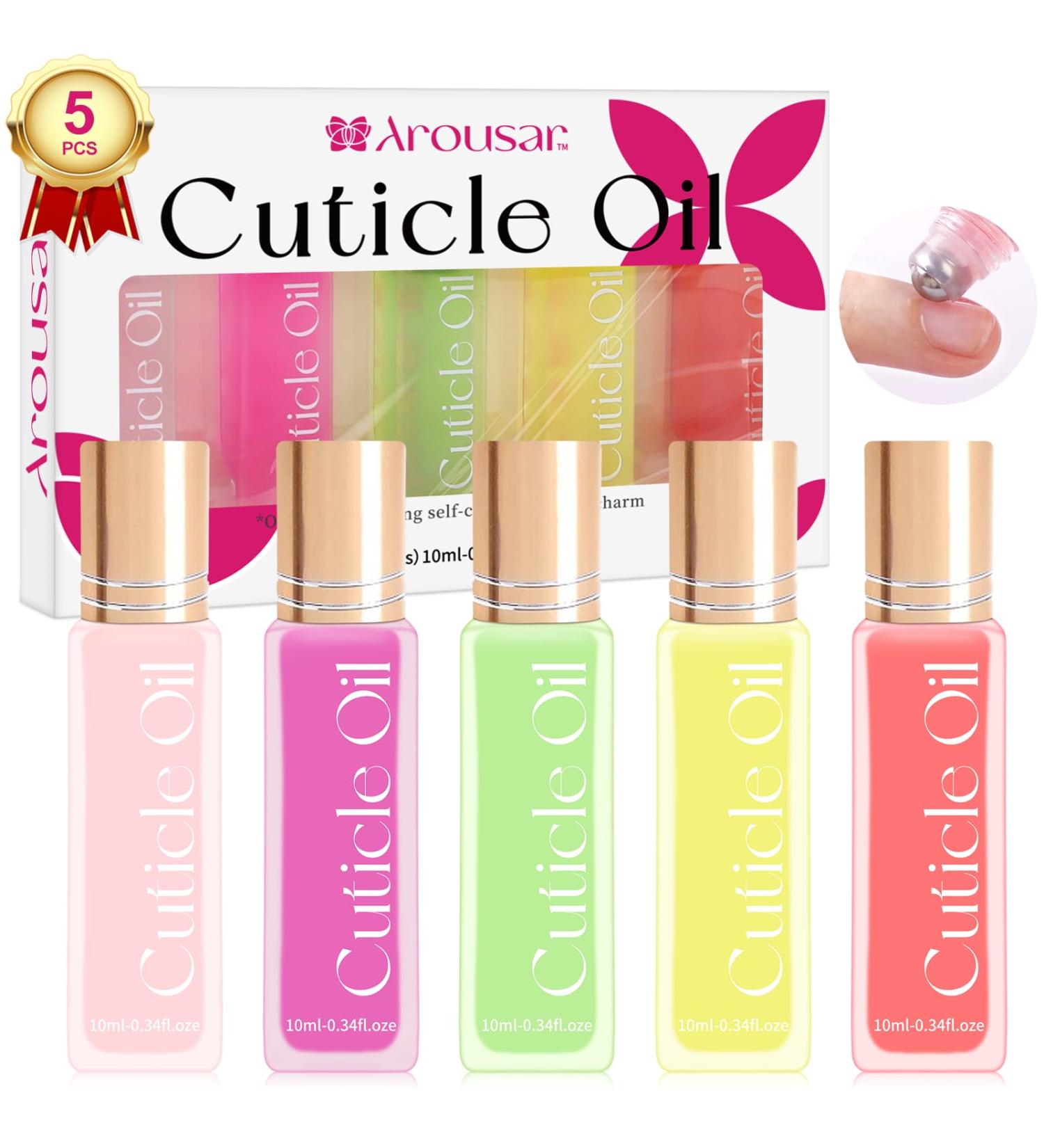 Arousar 10ml Cuticle Oil Set - 5pc Nail Care Kit with Rollerball Applicator for Nails - Natural Essential Oils for Nourishing & Moisturizing - Sweet Peach Scent - Buy Online on GoSupps.com