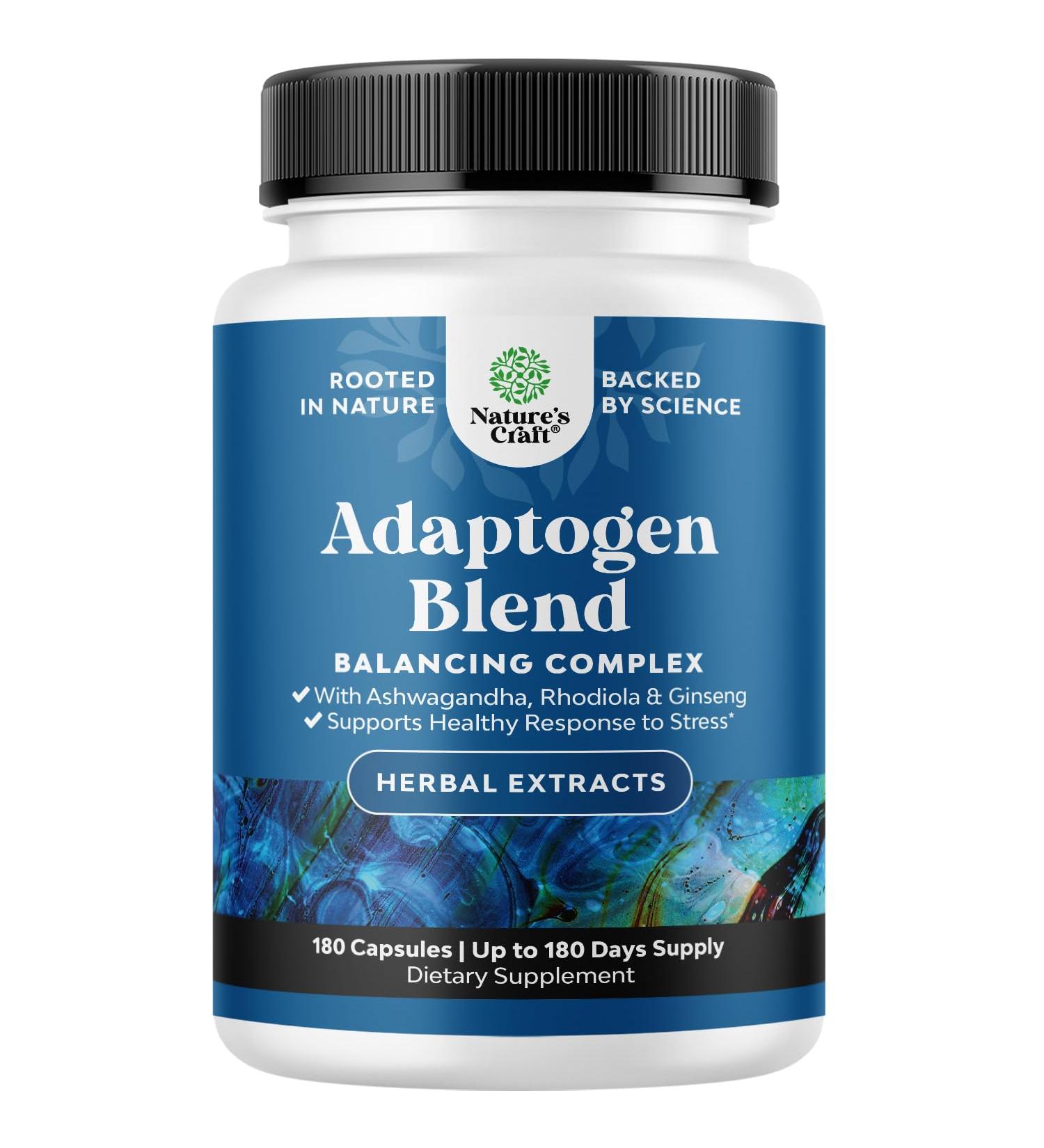 Herbal Adaptogen Mood Support Supplement - Calming Adaptogens Supplement for Stress & Cortisol Management with Ashwagandha Rhodiola Rosea & Maca Root - Vegan Non GMO & Daytime Friendly -180ct - Buy Online on GoSupps.com