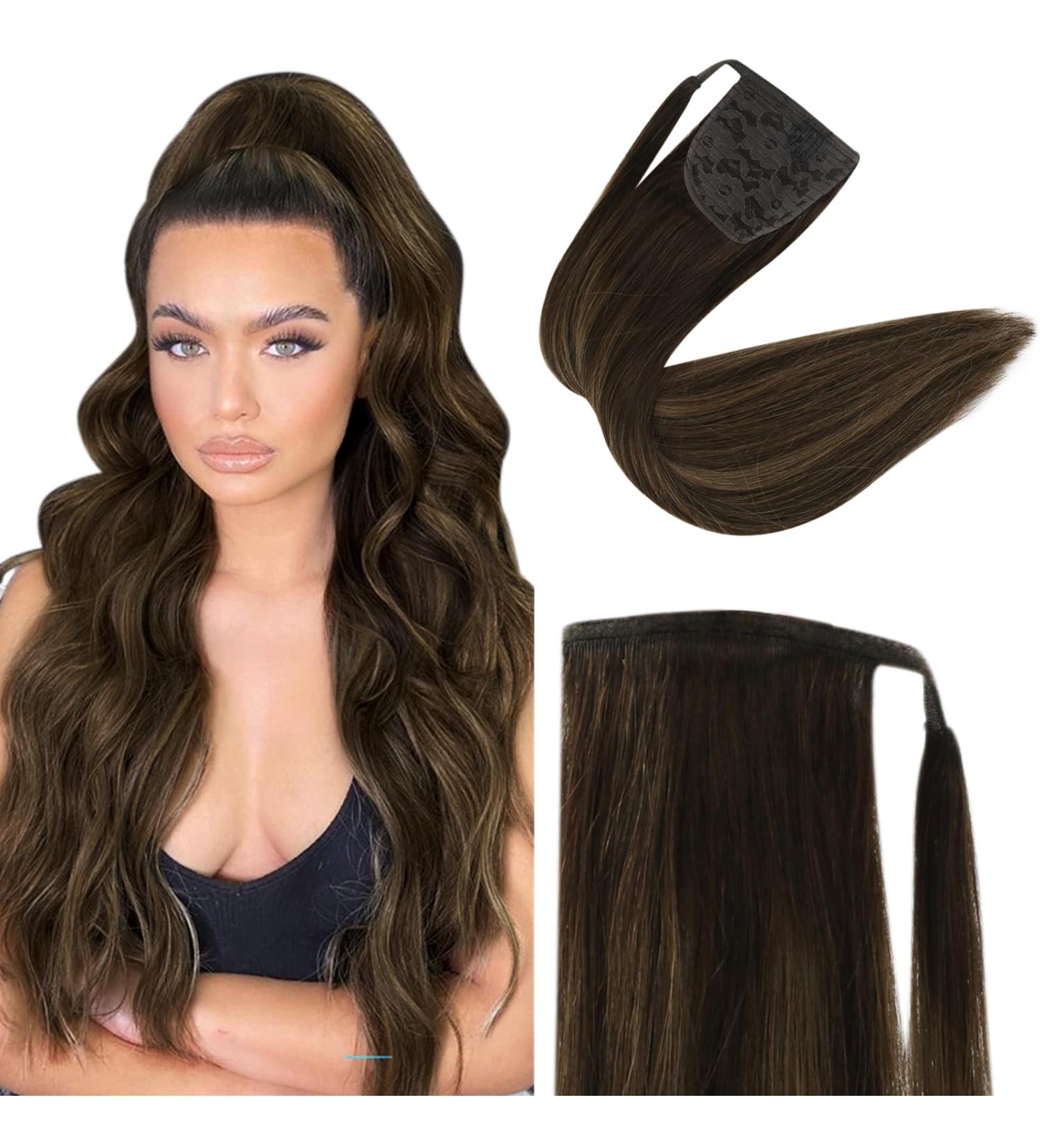 Fshine Balayage Brown Ponytail Extension Real Hair Straight Soft Remy Ponytail Extensions Human Hair Balayage Dark Brown Faded to Maroon Highlight with Dark Brown Extensions 45cm 80g #2/8/2 4.pony#2/8/2 18 inch - Buy Online on GoSupps.com