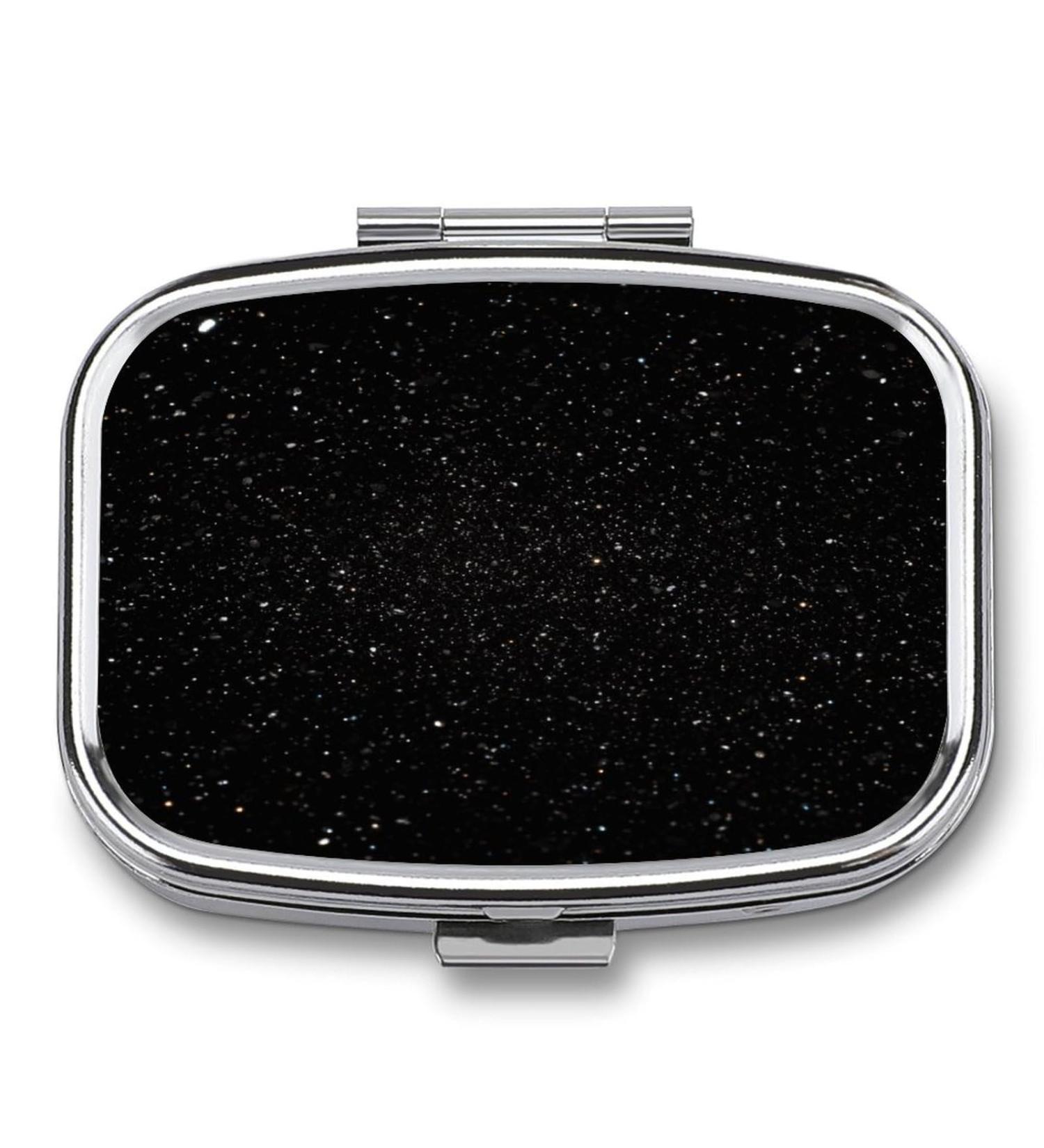 Black Glitter Pill Box - 2 Compartment Portable Medicine Organizer | Stylish Metal Pill Case for Pocket or Purse - Buy Online on GoSupps.com