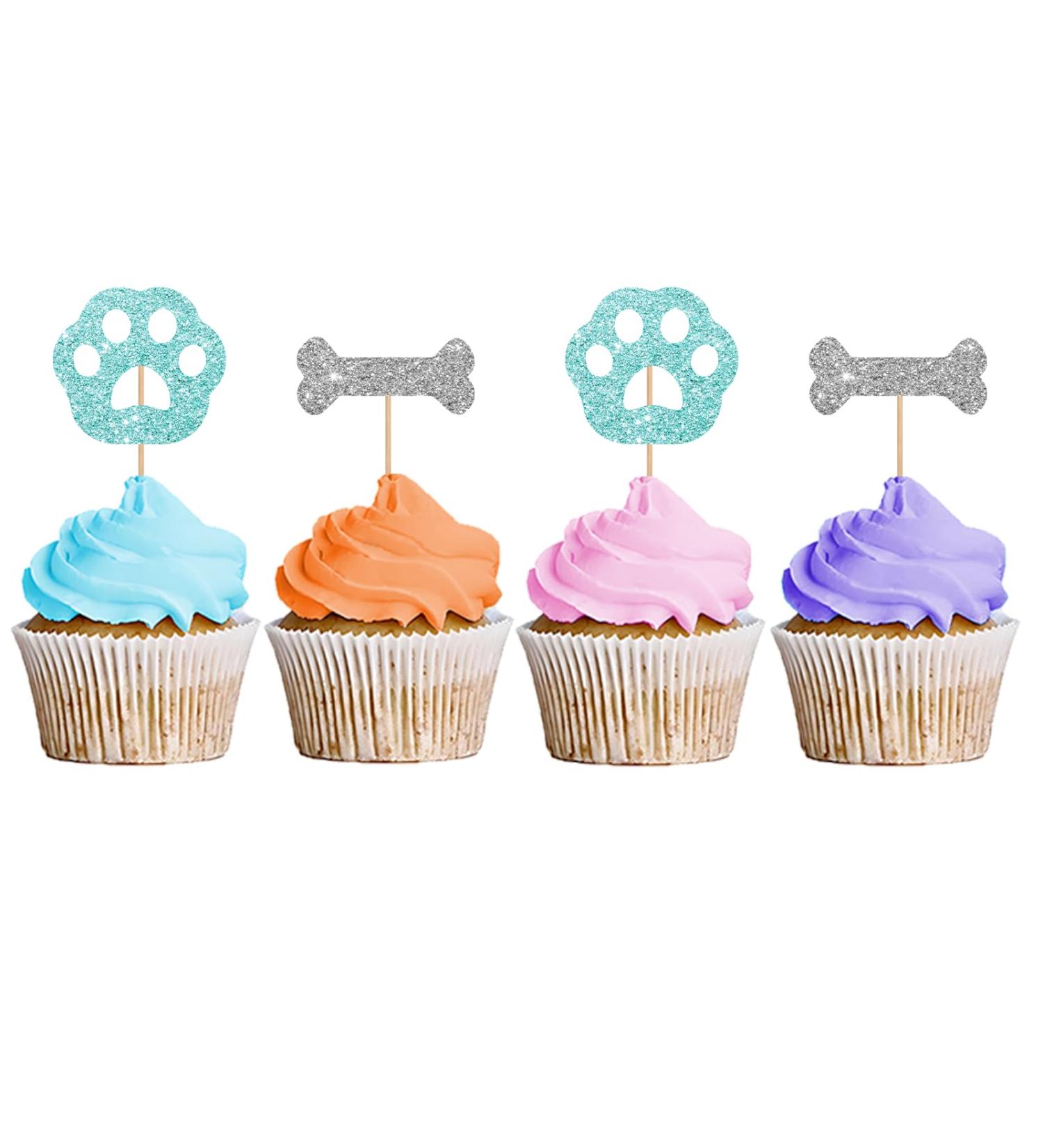 Dog Paw & Bone Cupcake Toppers Puppy Baby Shower Cupcake Toppers Puppy Themed Dessert Picks Baby Girl/Boy Birthday Party Decoration - Blue & Silver Glitter - Buy Online on GoSupps.com