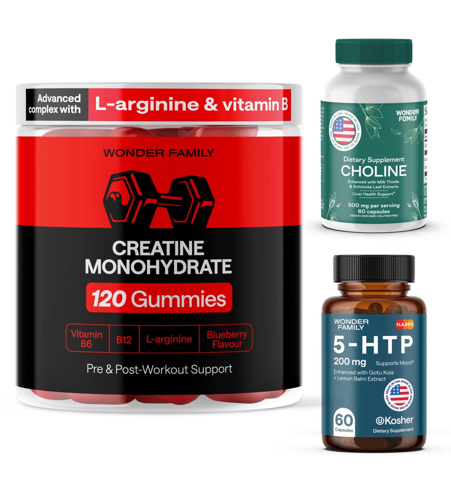 Muscle Gain Bundle - 5-HTP Supplement for Energy Creatine Monohydrate Gummies 5g for Growth Choline Bitartrate for Liver - 120 Creatine Chewables 60 5HTP 200MG Capsules 60 Choline Capsules 500MG - Buy Online on GoSupps.com